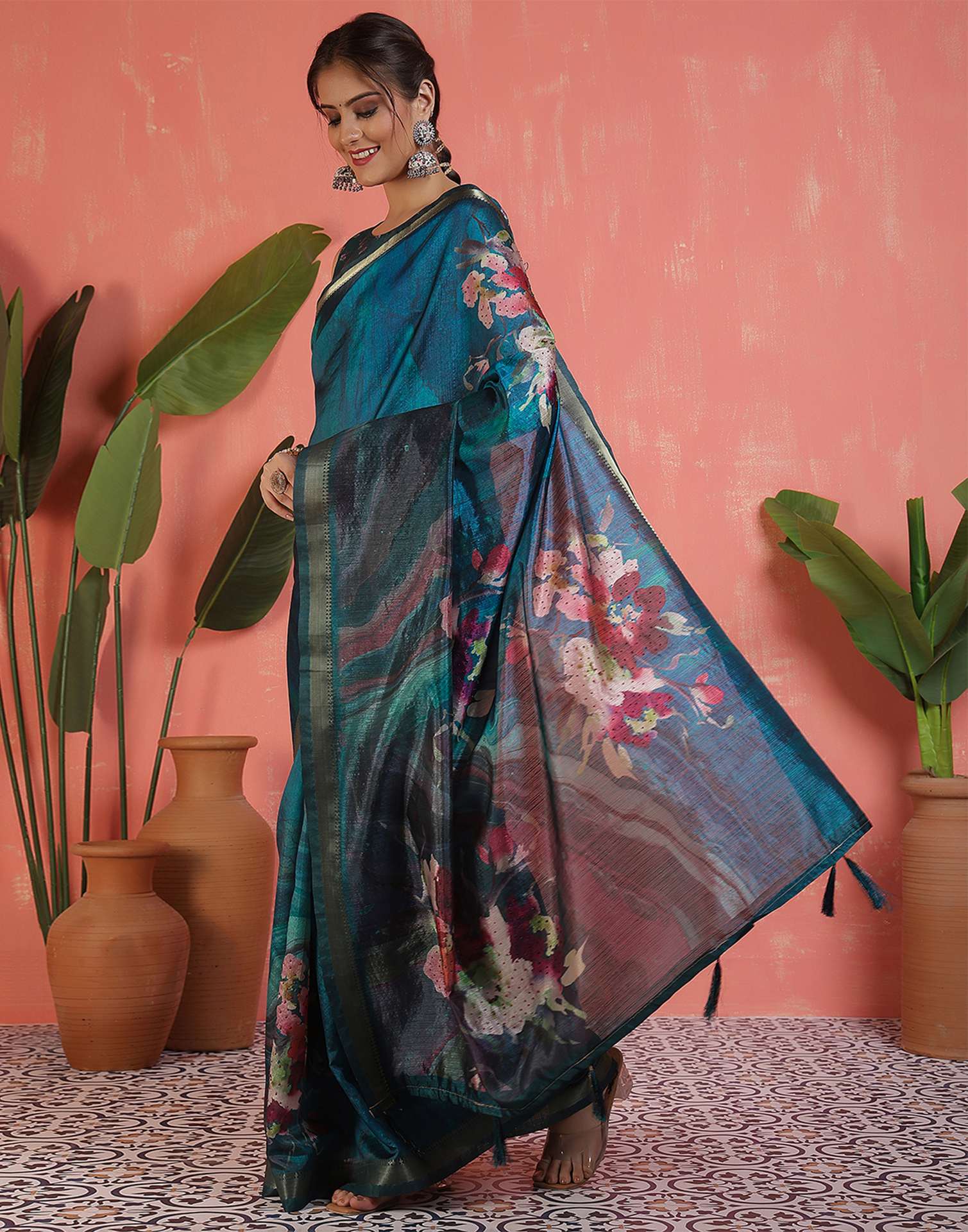 Rama Blue Silk Printed Saree