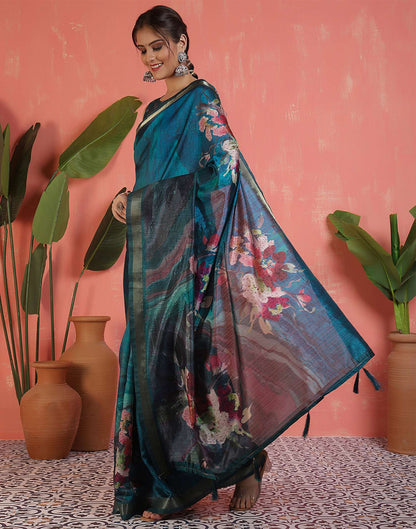 Rama Blue Silk Printed Saree