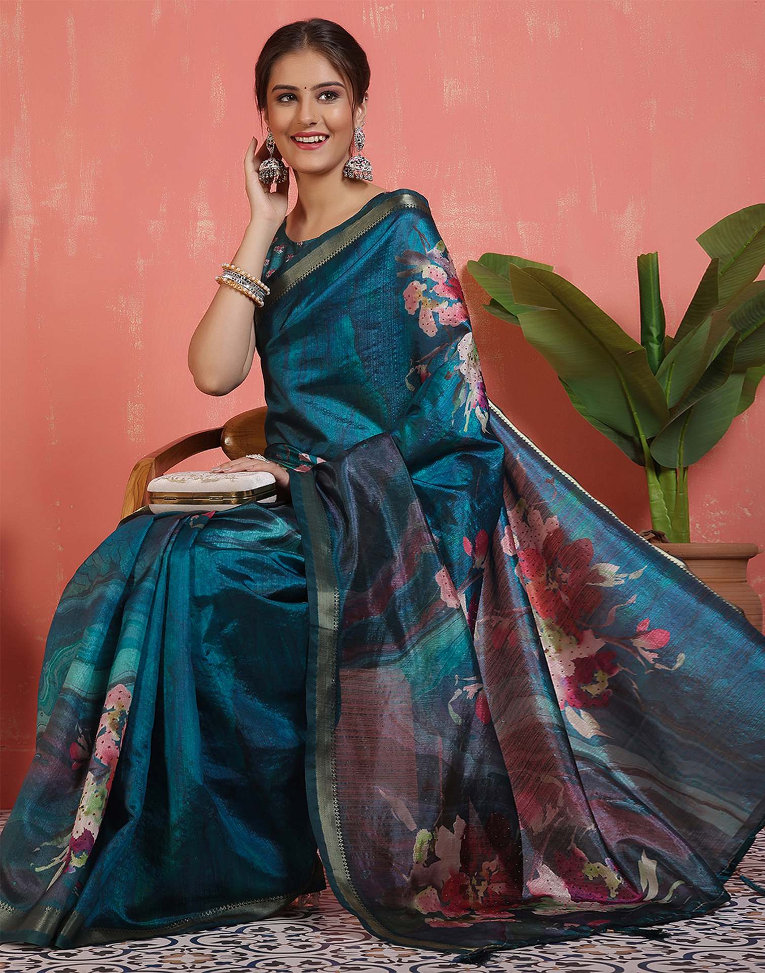 Rama Blue Silk Printed Saree