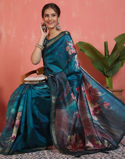 Rama Blue Silk Printed Saree