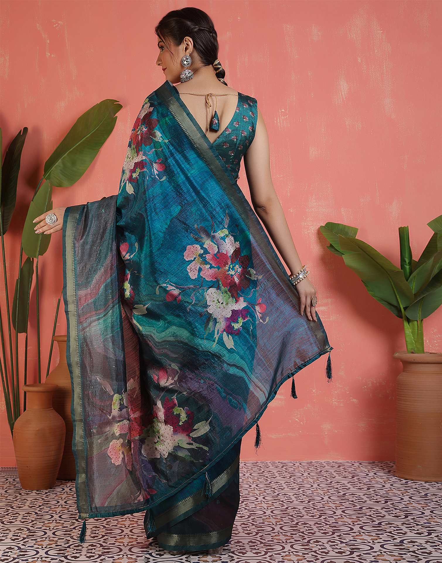 Rama Blue Silk Printed Saree