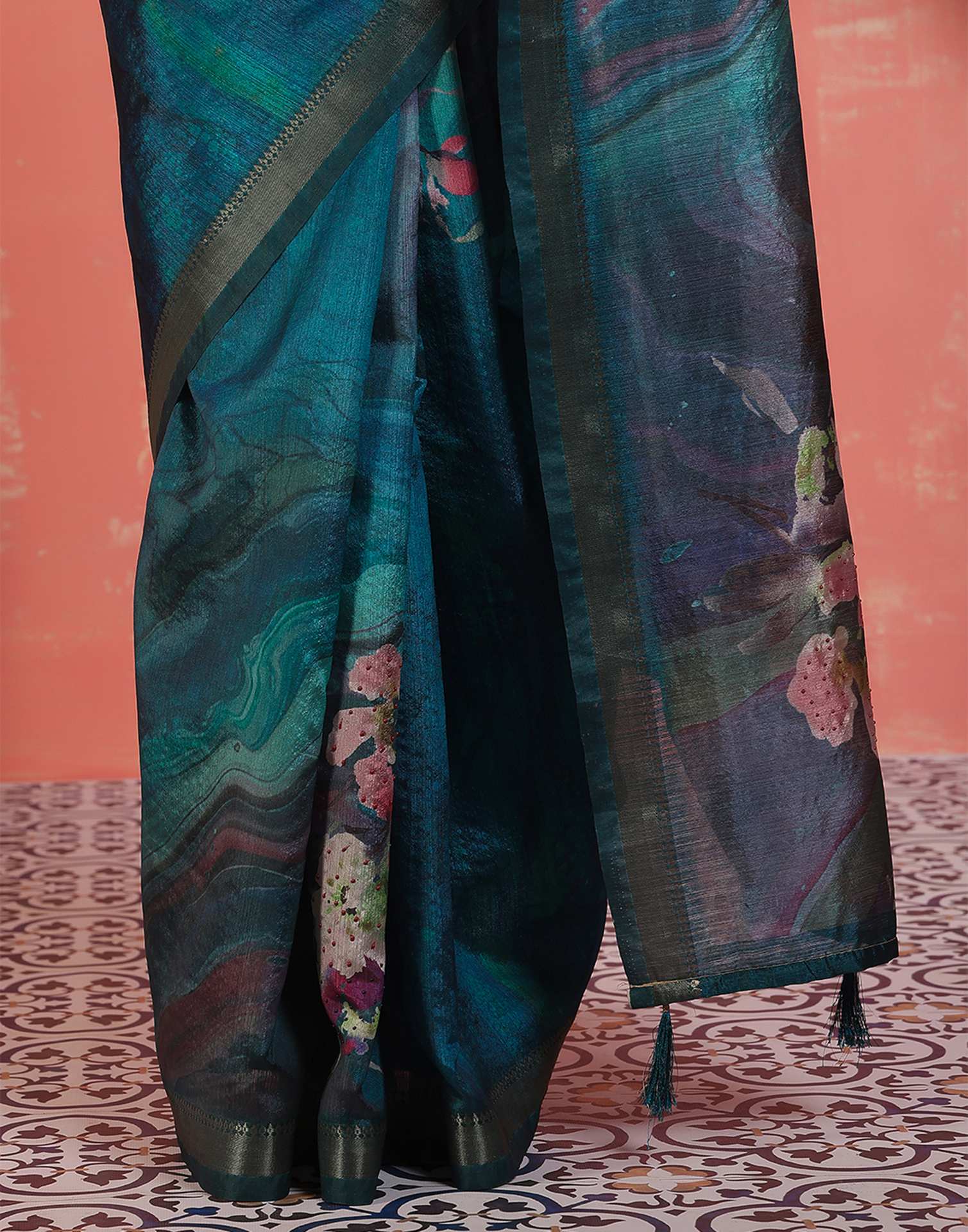 Rama Blue Silk Printed Saree