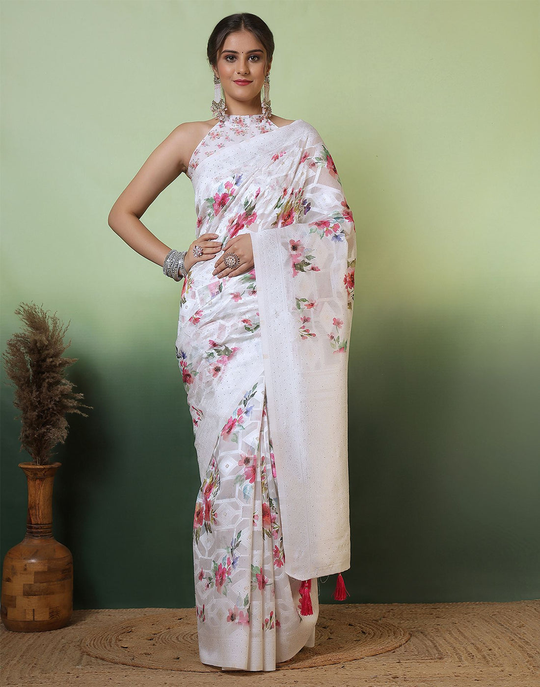 White Chanderi Woven Swarovski Saree