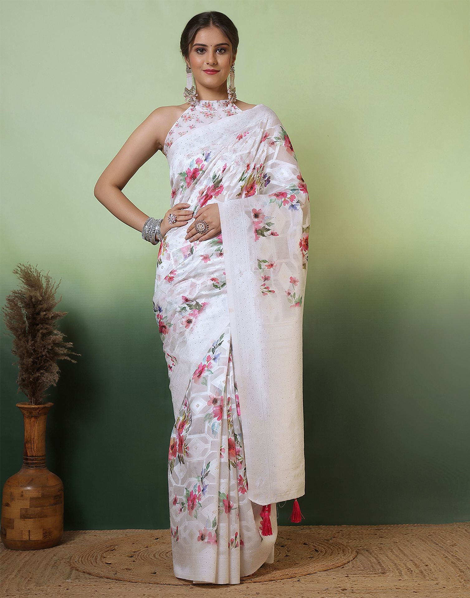 White Chanderi Woven Swarovski Saree