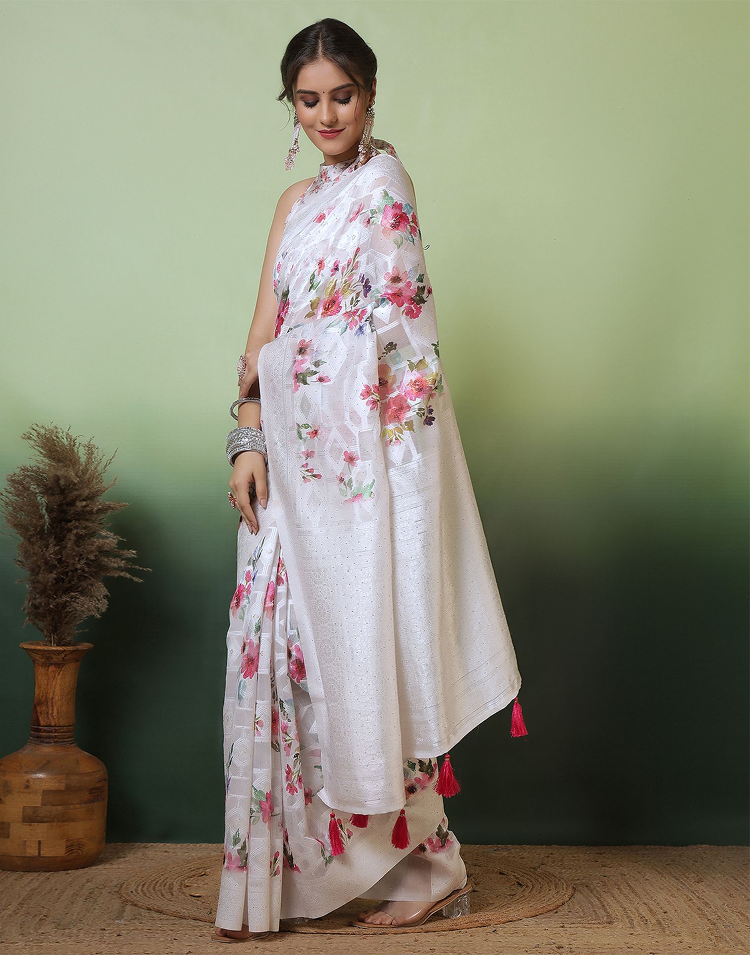 White Chanderi Woven Swarovski Saree