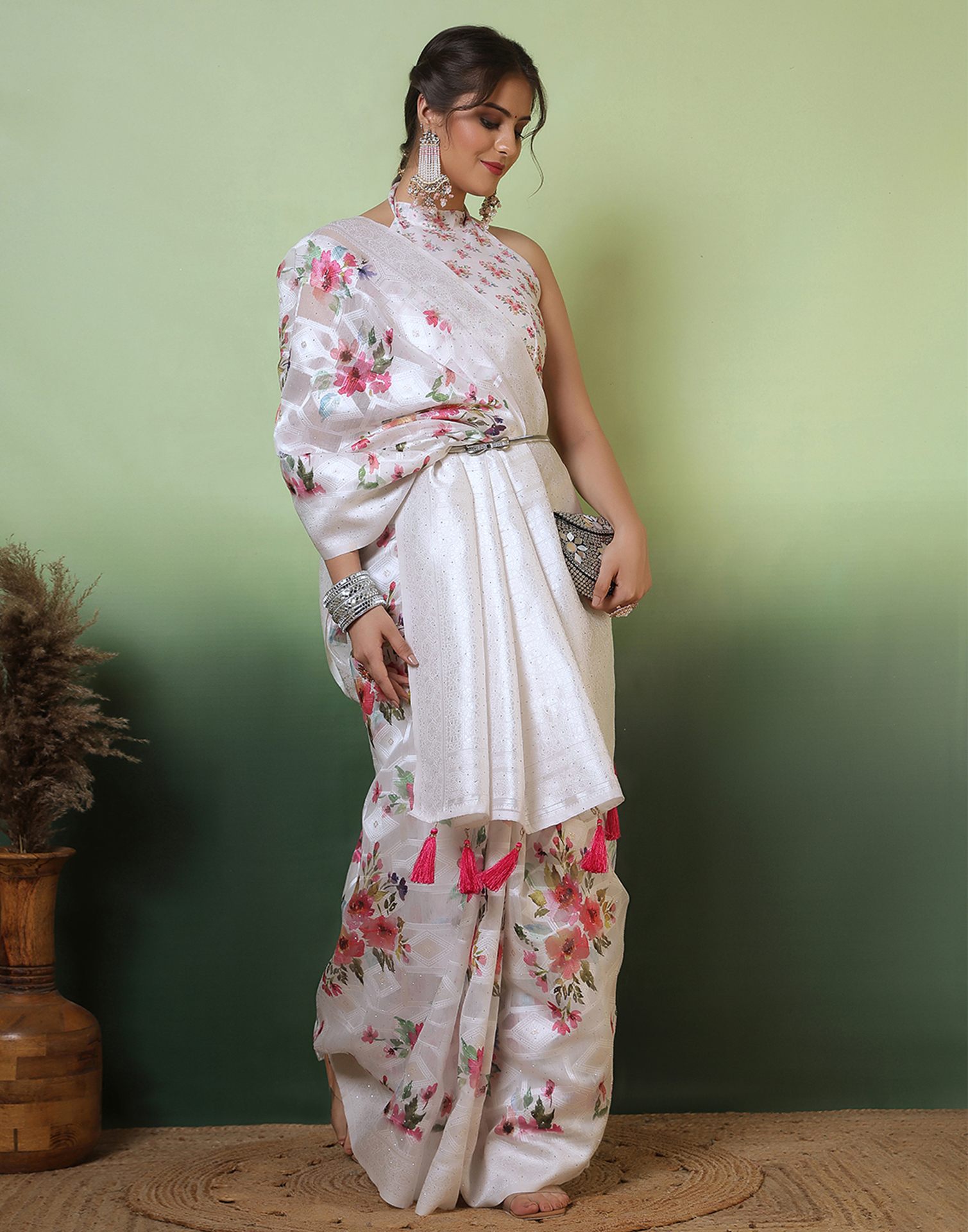 White Chanderi Woven Swarovski Saree