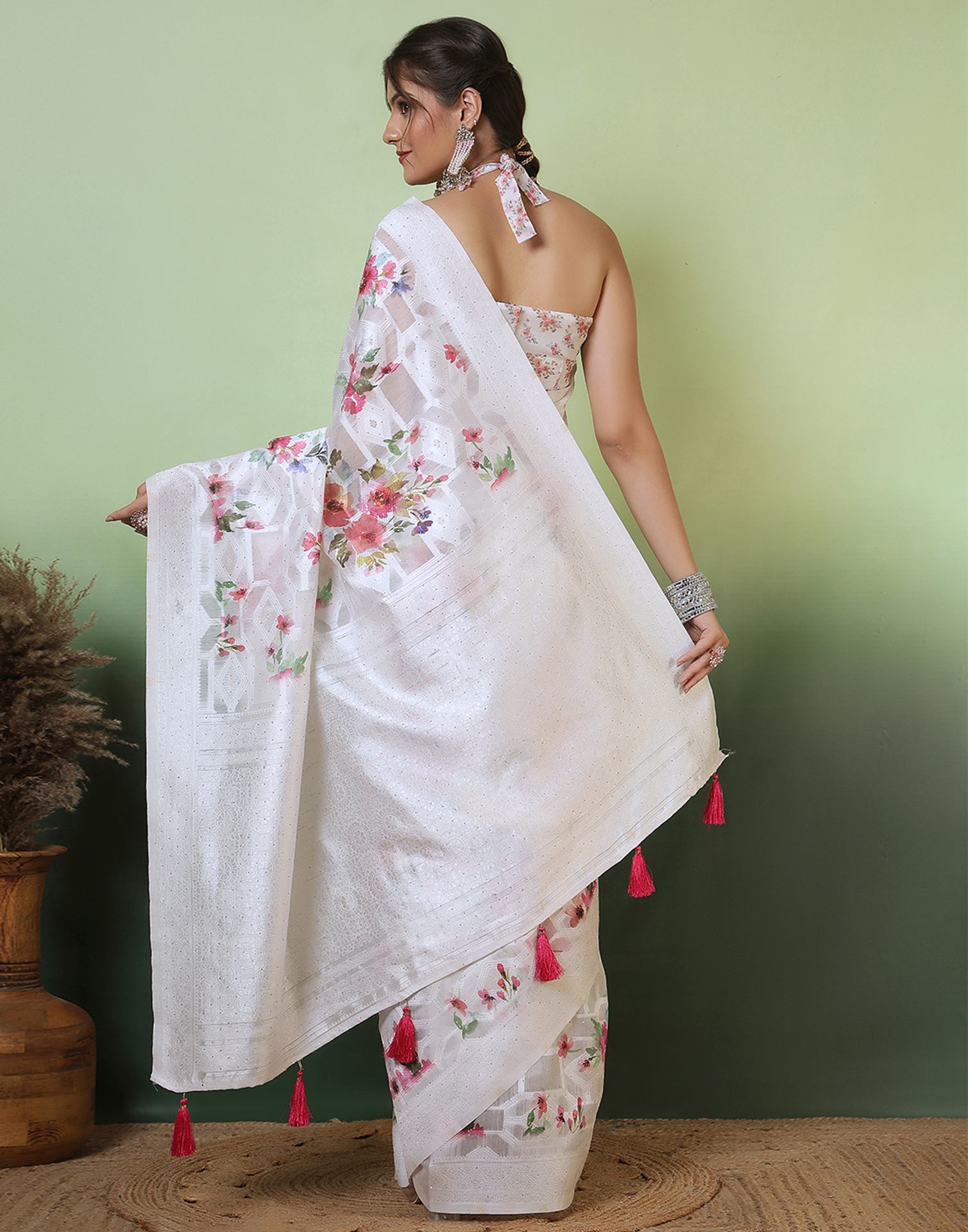White Chanderi Woven Swarovski Saree