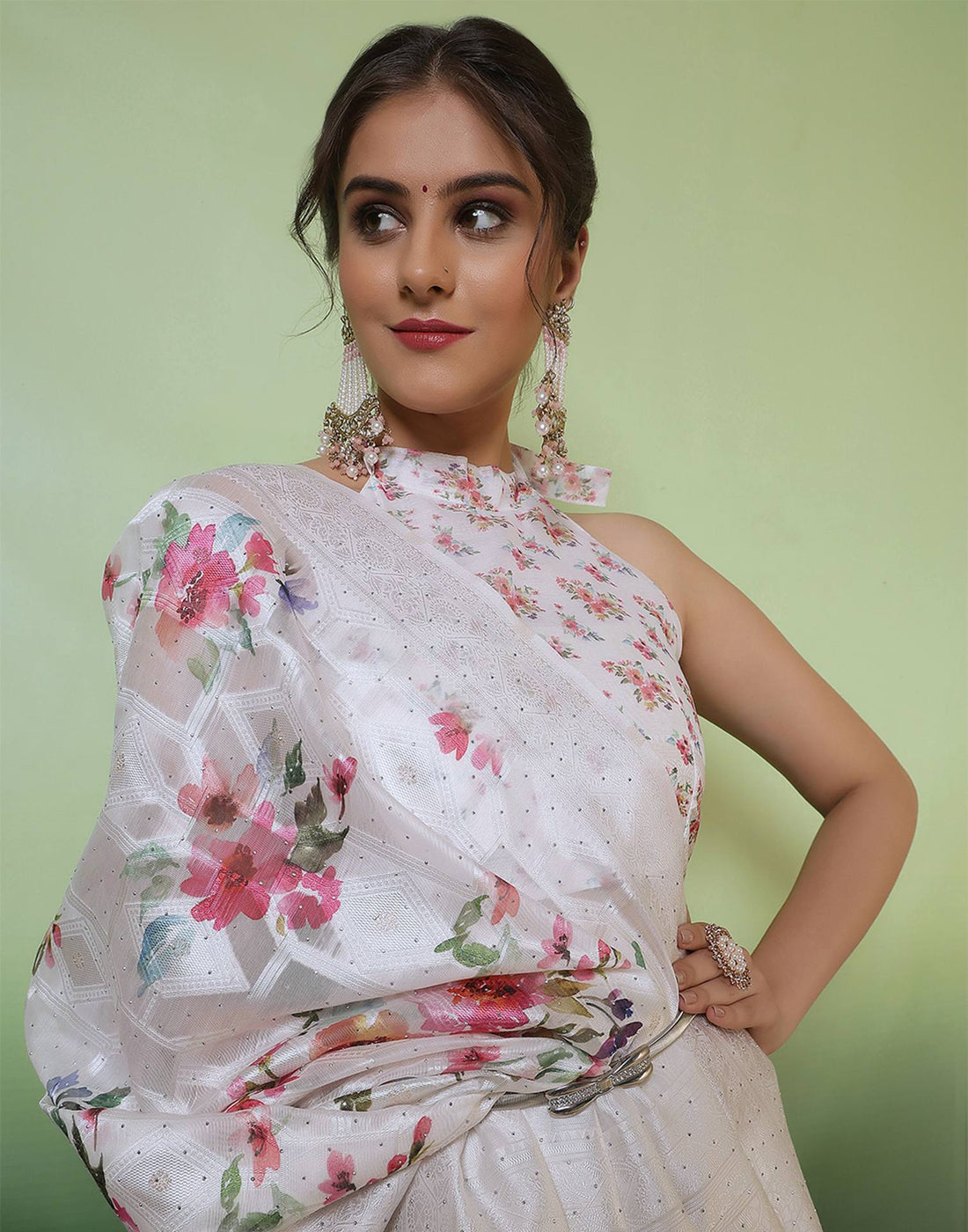 White Chanderi Woven Swarovski Saree
