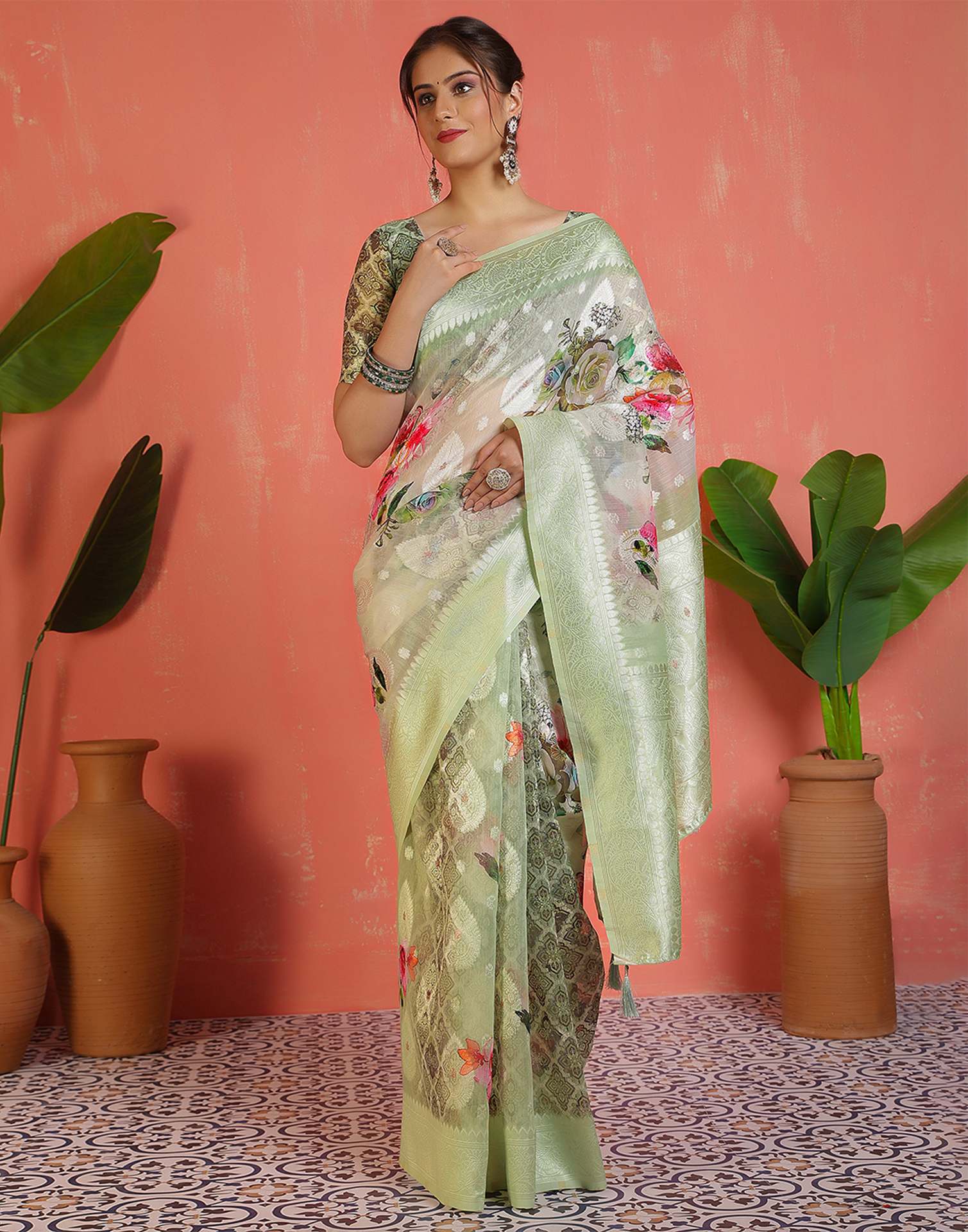Pista Green Chanderi Woven Saree