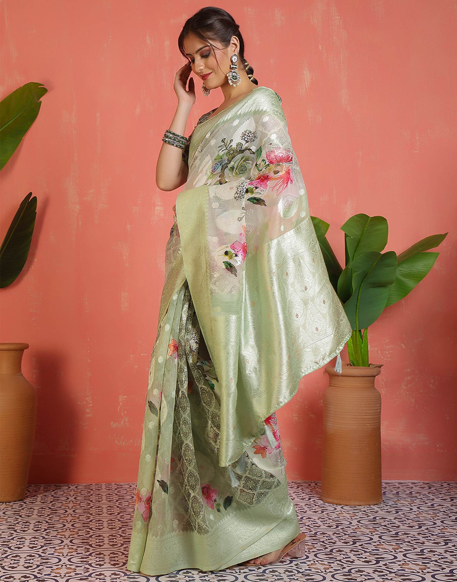 Pista Green Chanderi Woven Saree