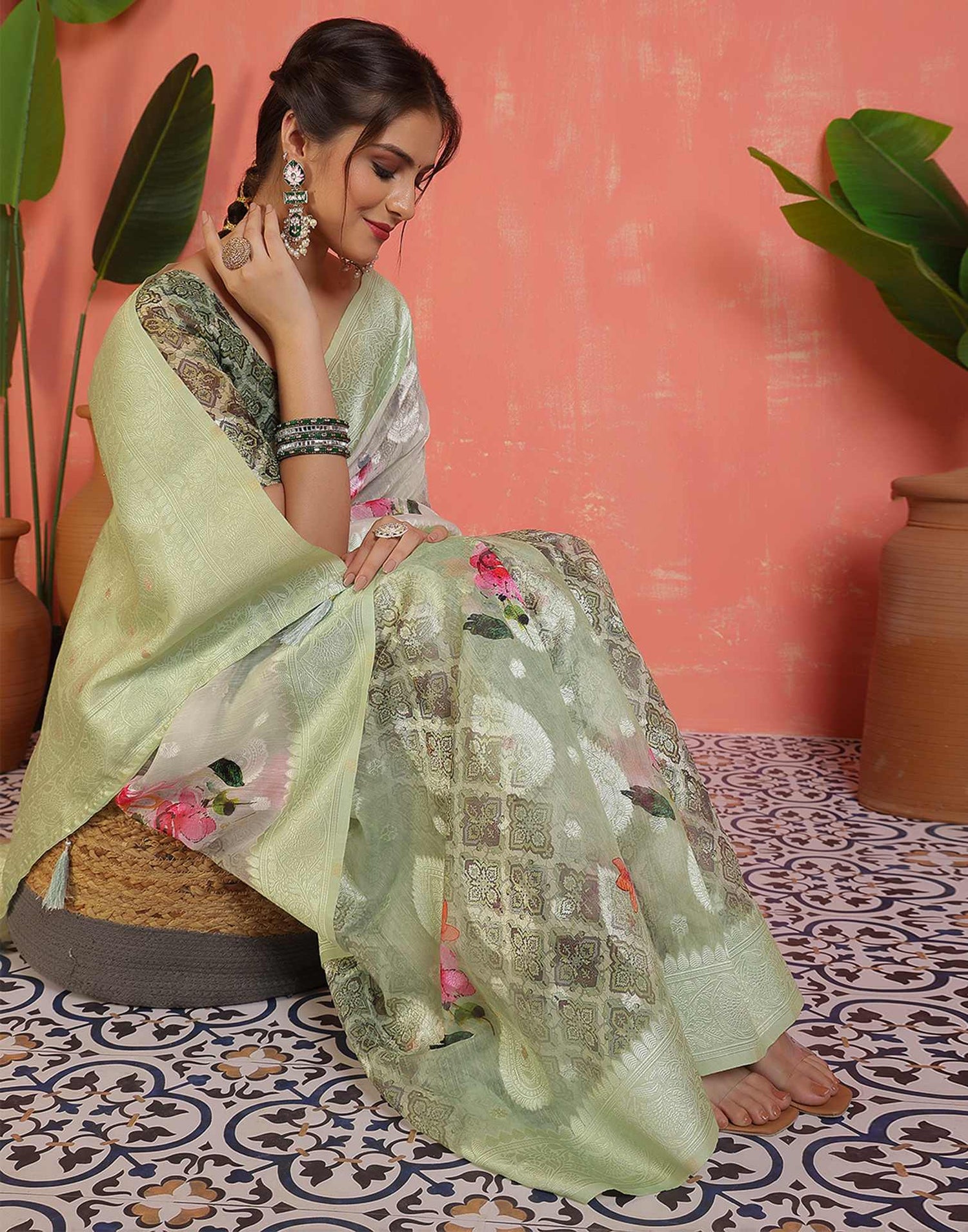 Pista Green Chanderi Woven Saree