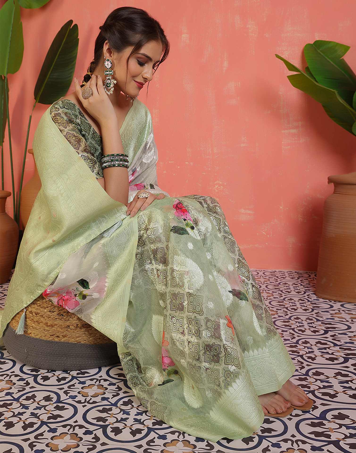 Pista Green Chanderi Woven Saree