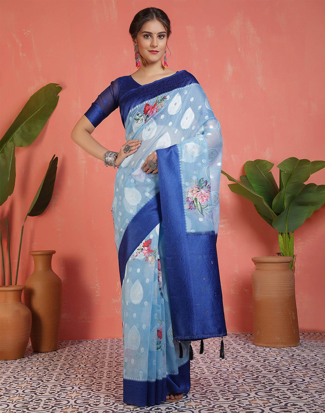 Sky Blue Chanderi Woven Saree