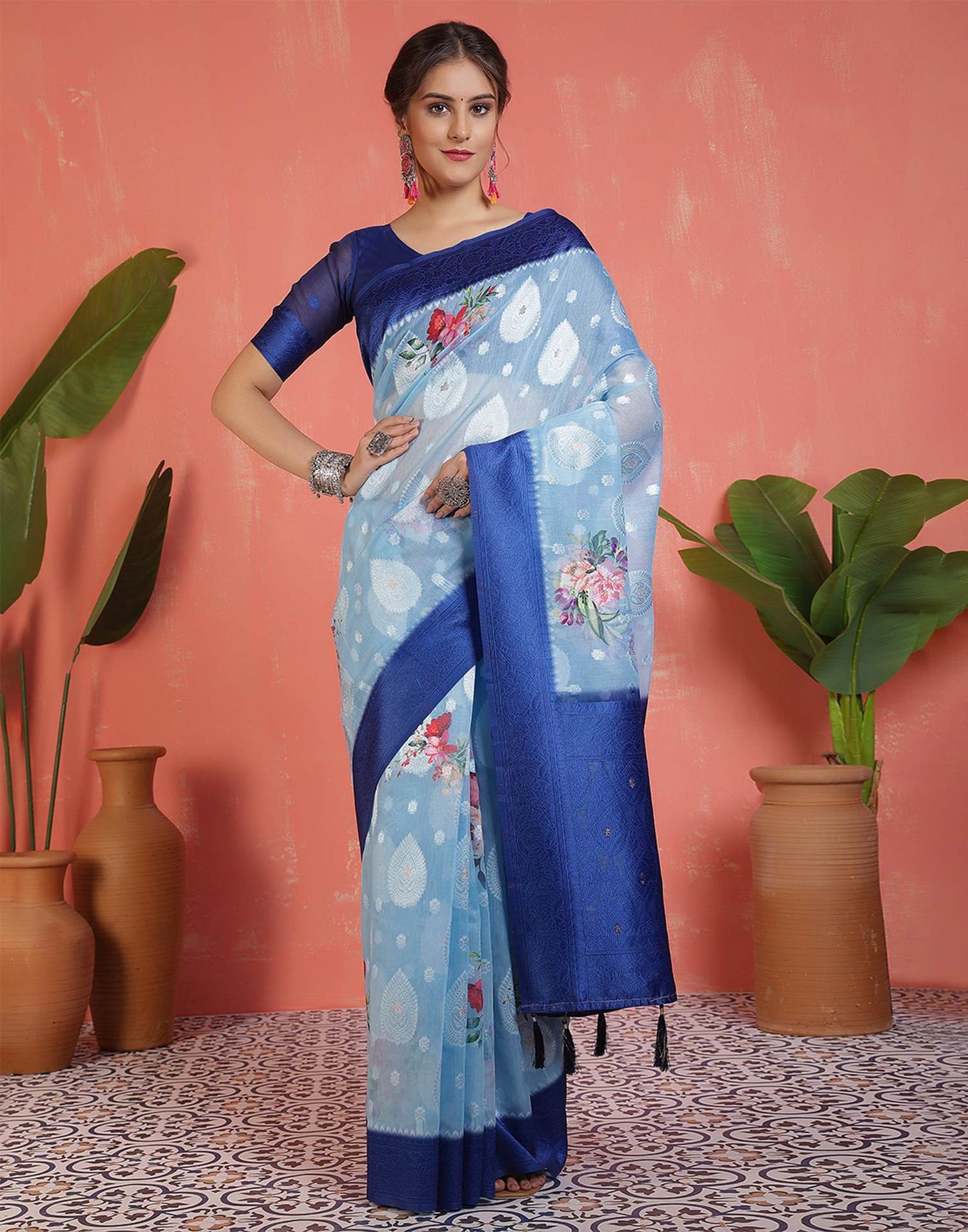 Sky Blue Chanderi Woven Saree