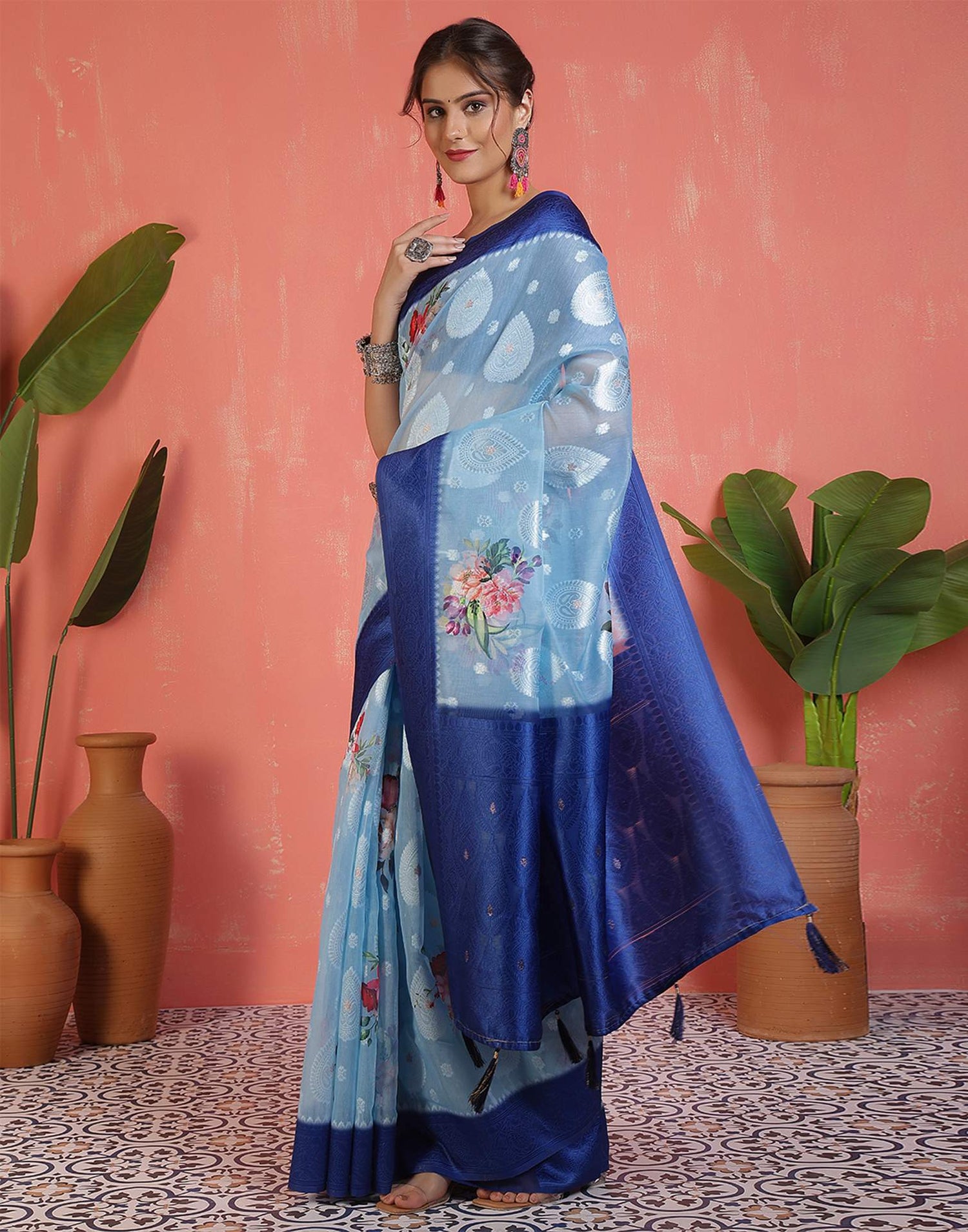 Sky Blue Chanderi Woven Saree
