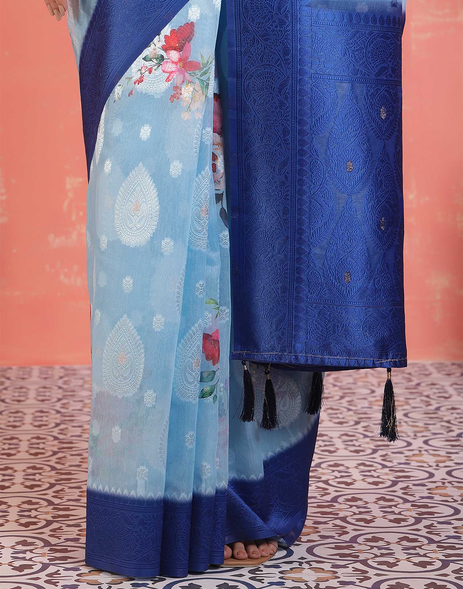 Sky Blue Chanderi Woven Saree