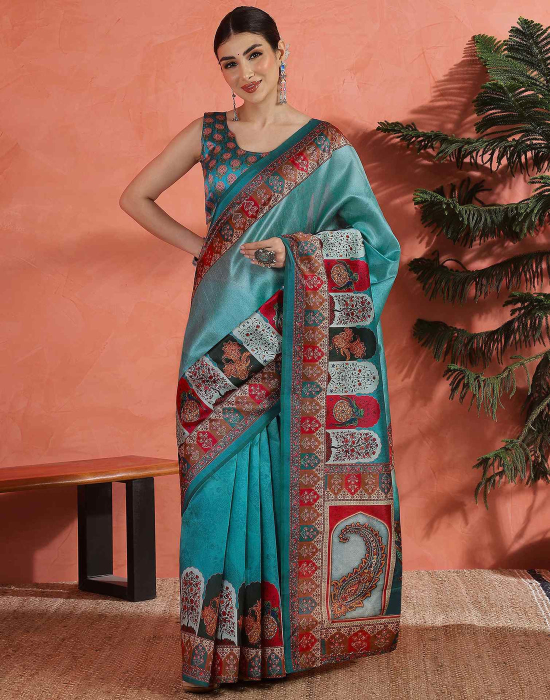 Teal Blue Chanderi Printed Saree