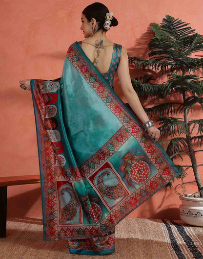 Teal Blue Chanderi Printed Saree