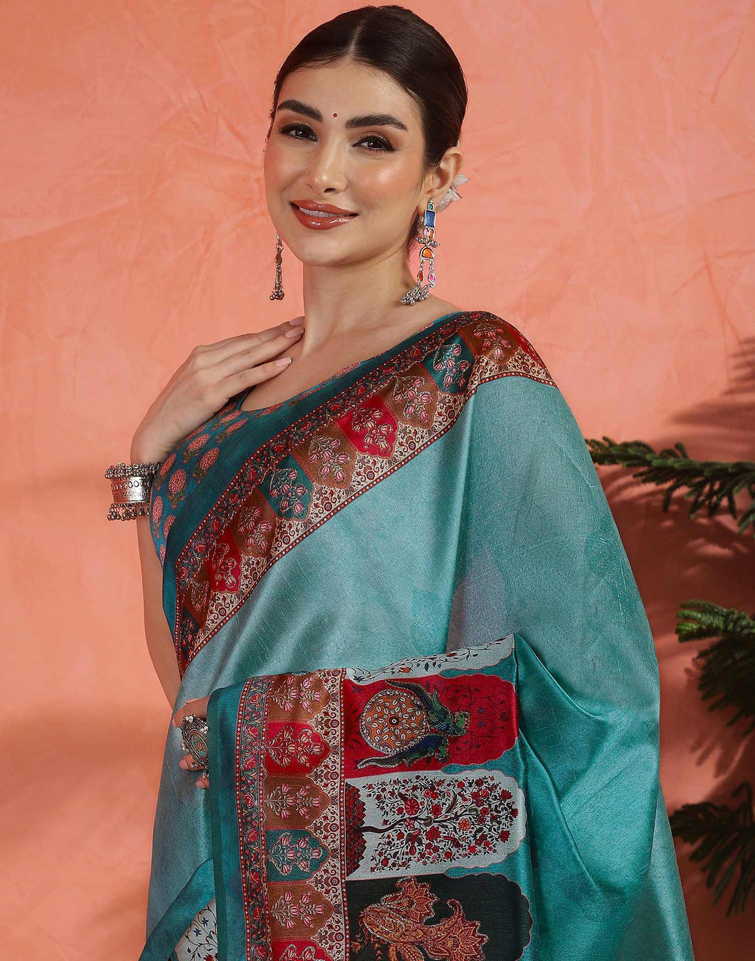 Teal Blue Chanderi Printed Saree