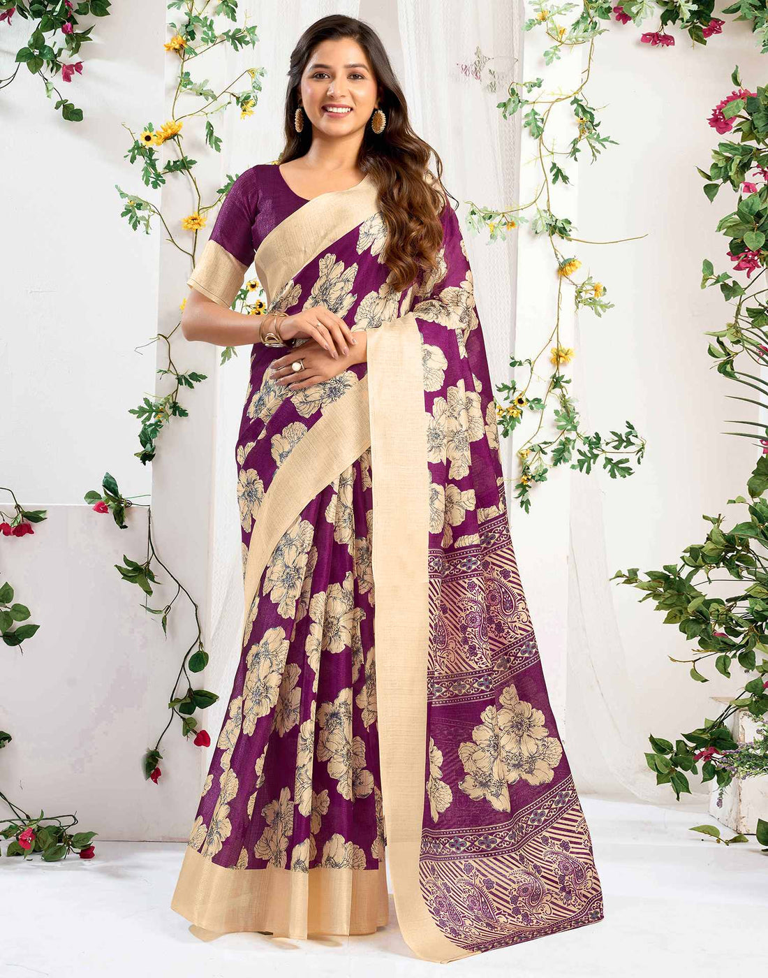 Dark Wine Cotton Floral Printed Saree