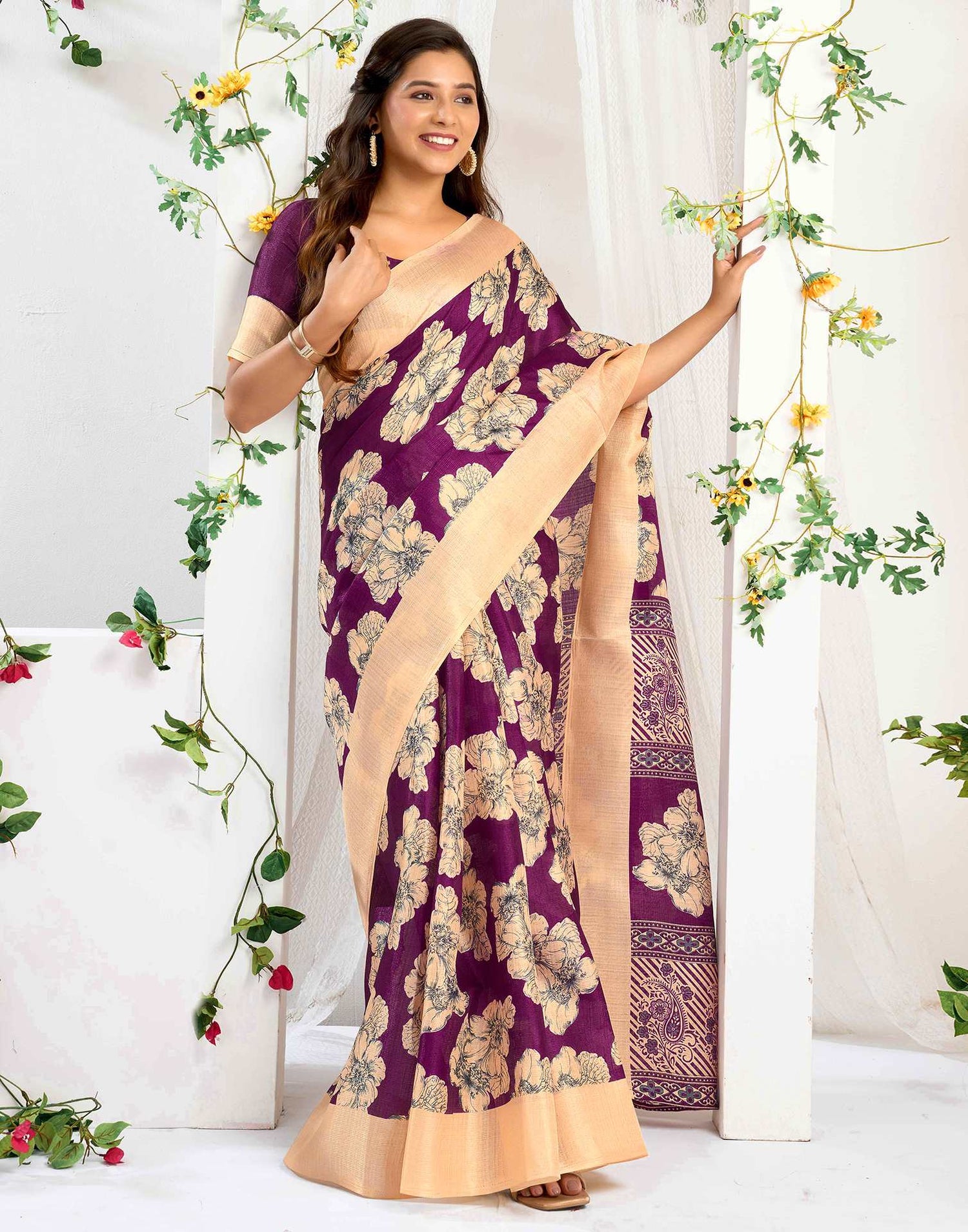 Dark Wine Cotton Floral Printed Saree