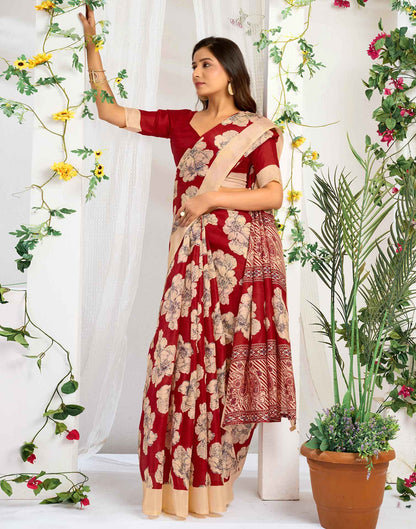 Red Cotton Floral Printed Saree
