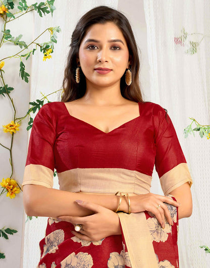 Red Cotton Floral Printed Saree