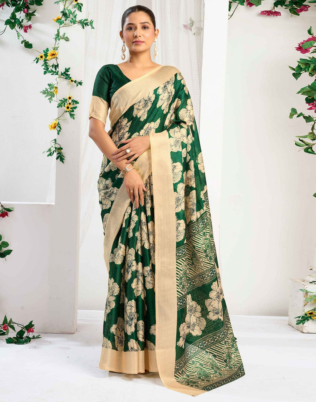 Green Cotton Floral Printed Saree