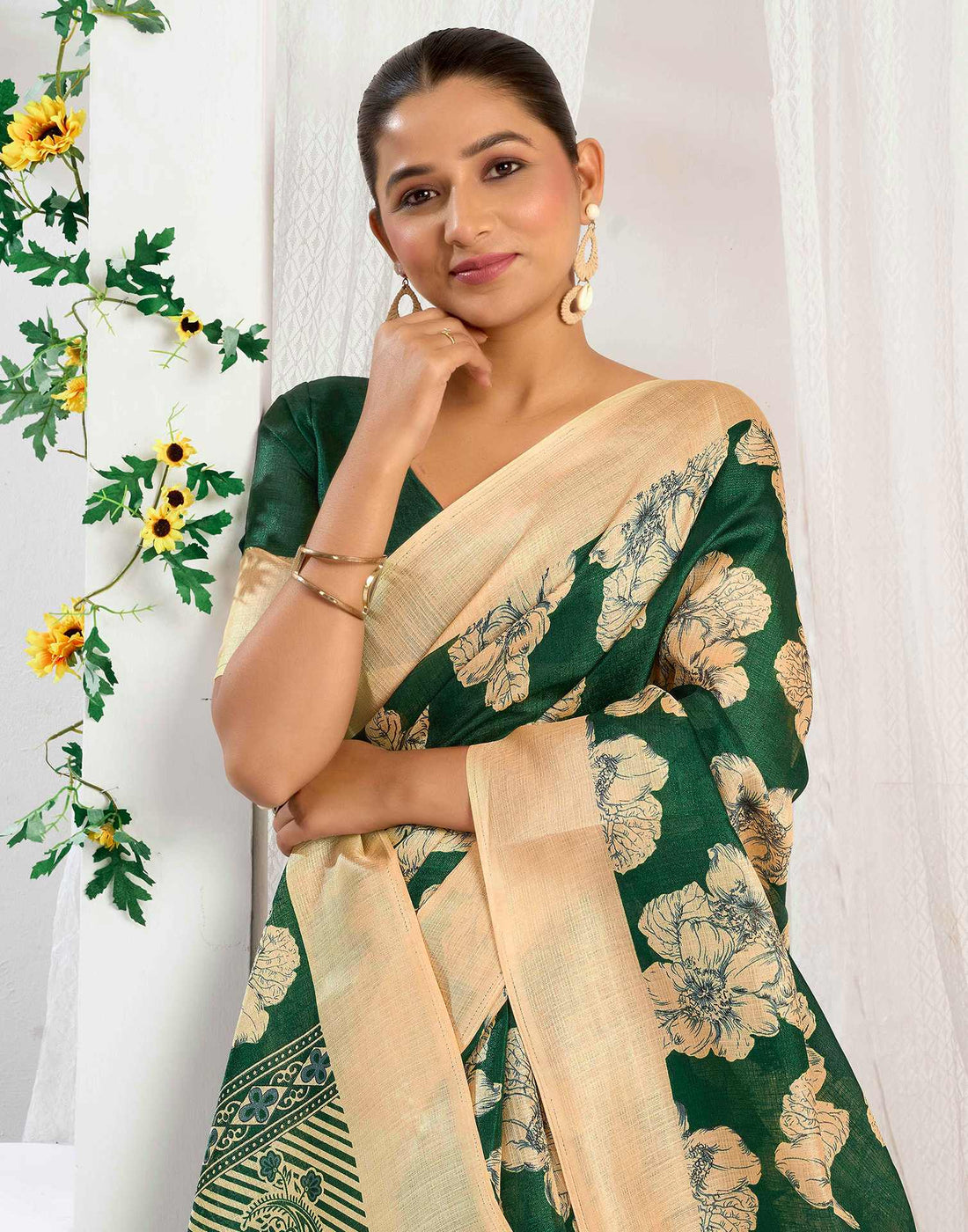 Green Cotton Floral Printed Saree