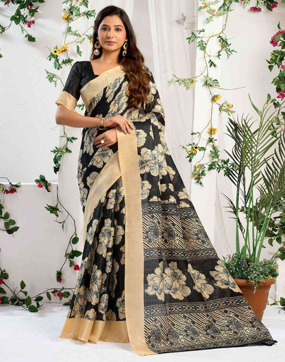 Black Cotton Floral Printed Saree