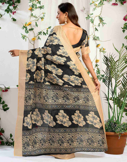 Black Cotton Floral Printed Saree