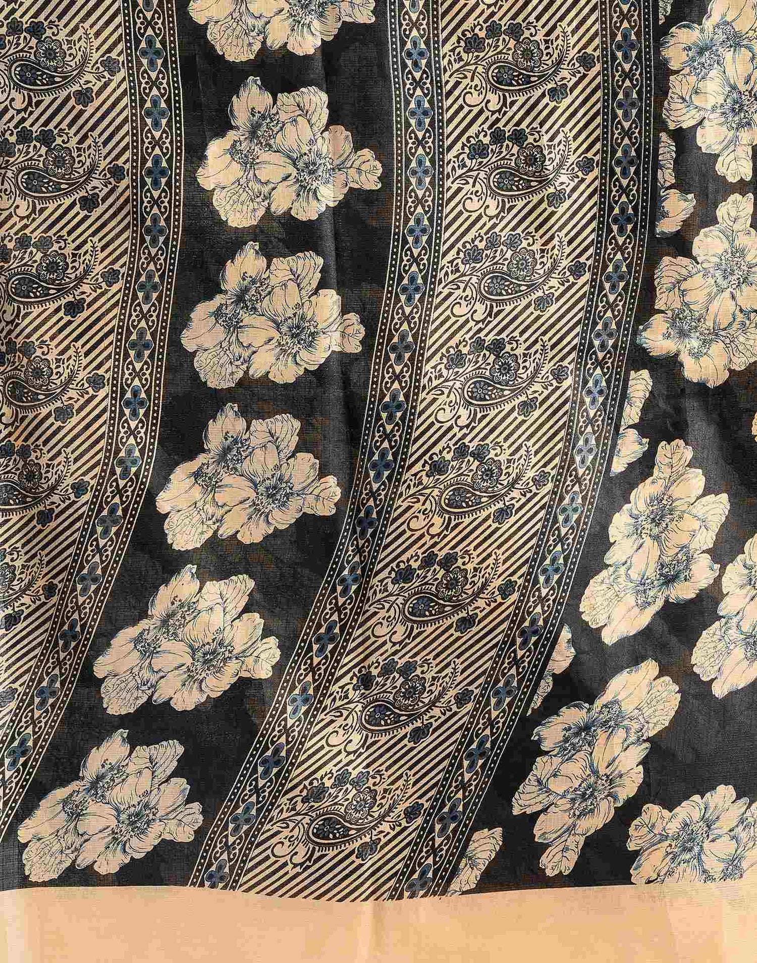 Black Cotton Floral Printed Saree
