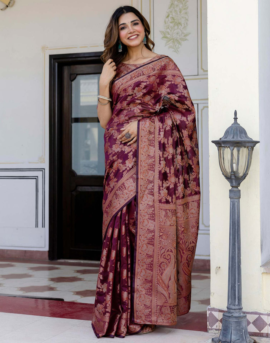 Wine Chanderi Woven Banarasi Saree