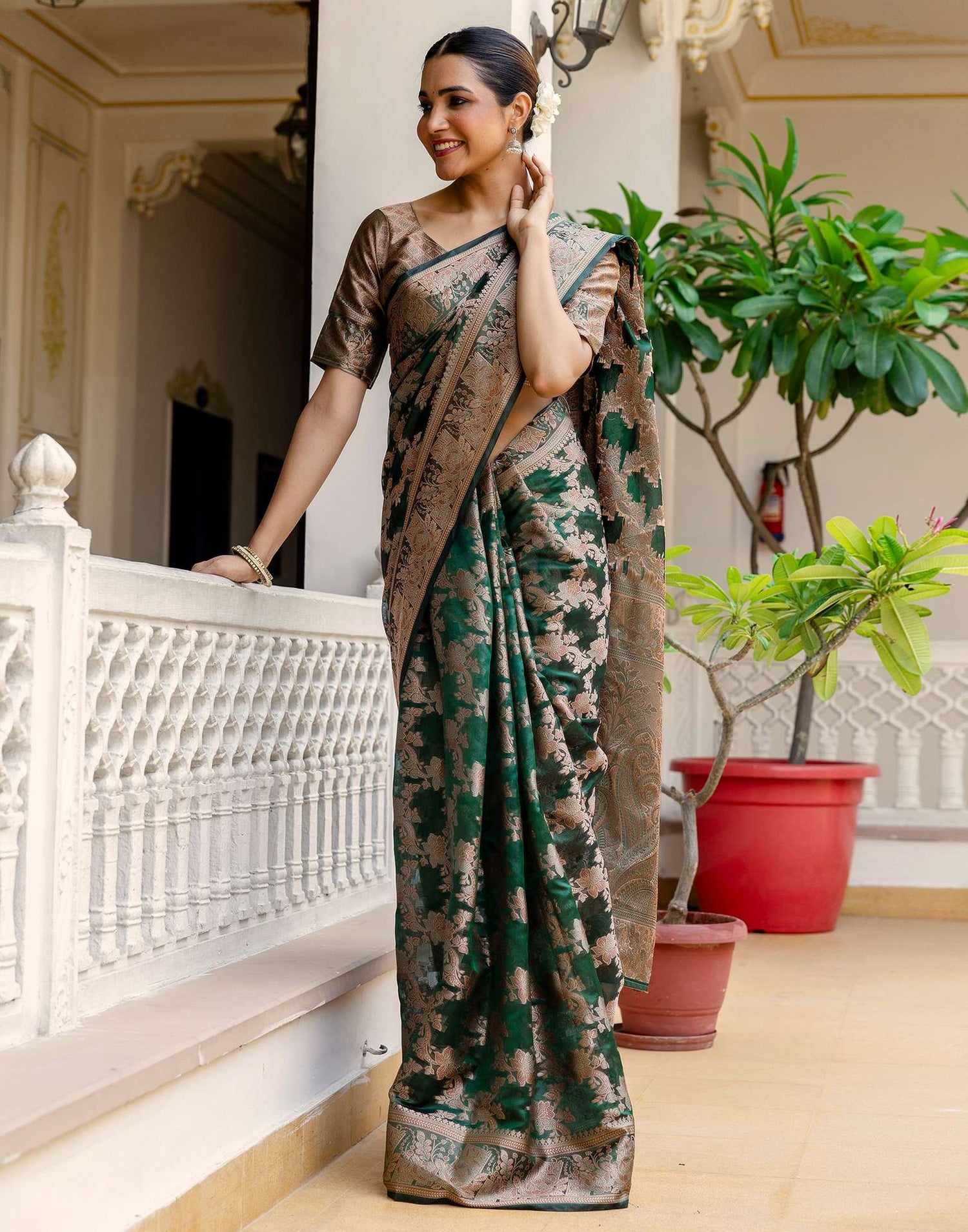Dark Green Chanderi Woven Banarasi Saree
