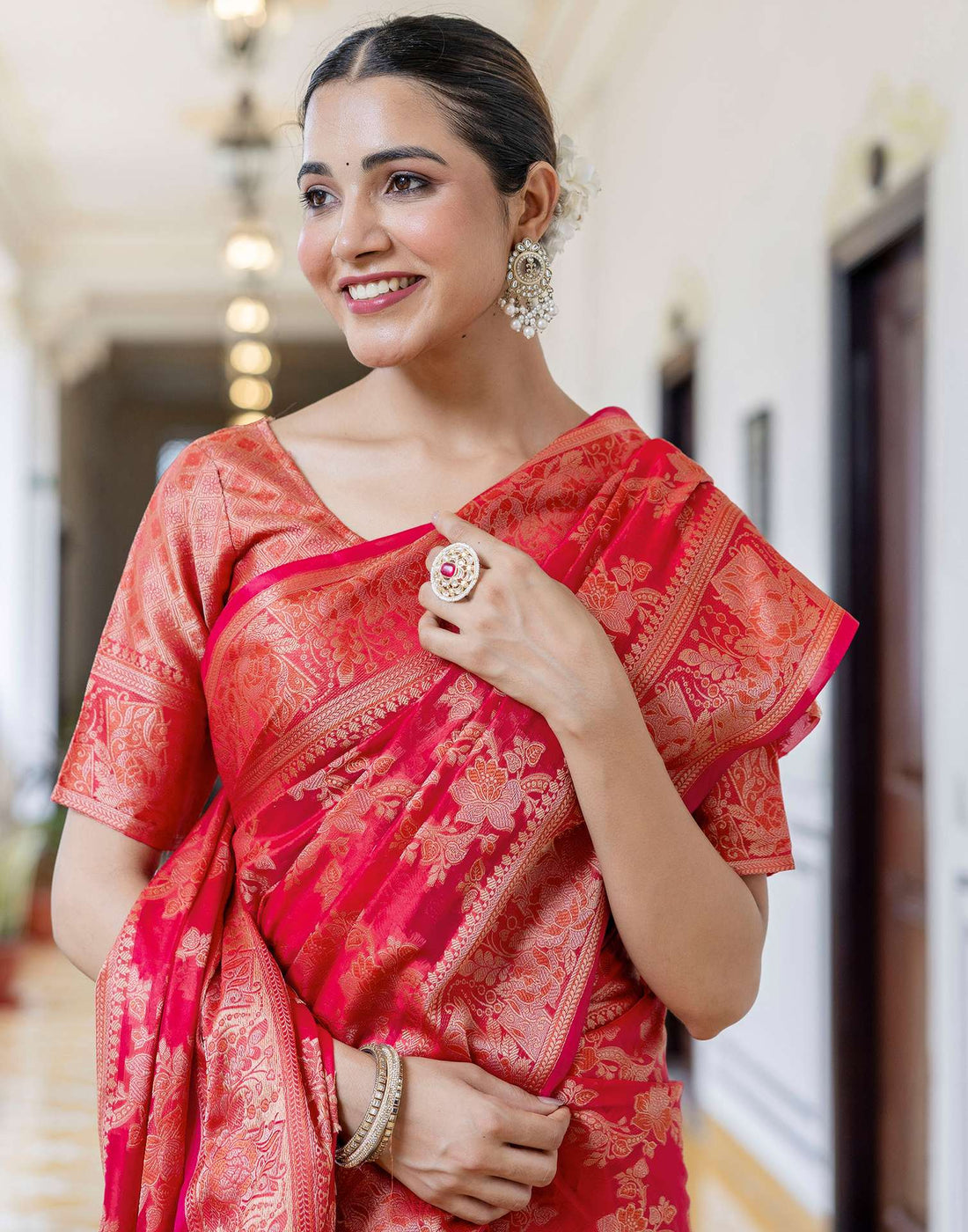 Light Red Chanderi Woven Banarasi Saree