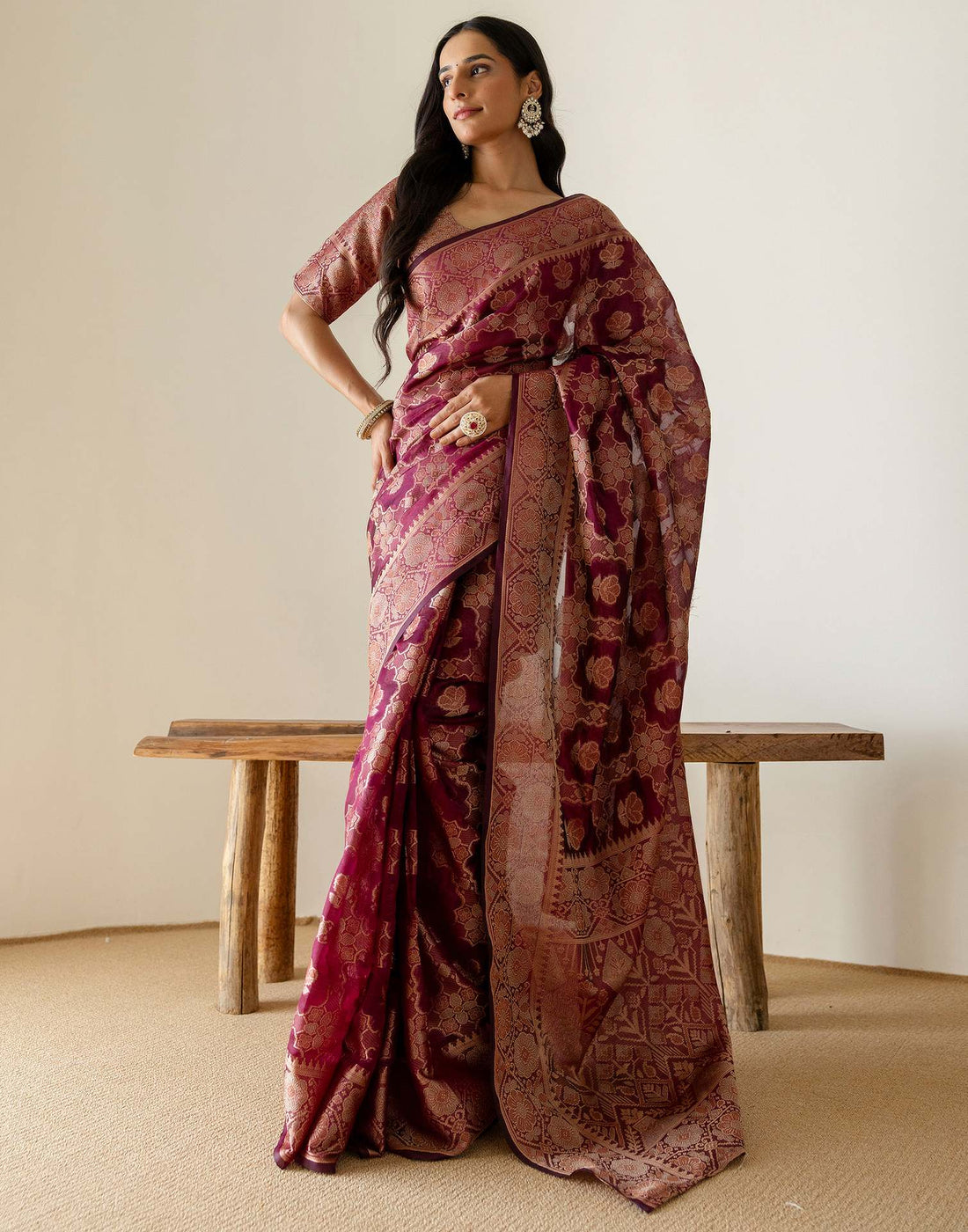 Wine Chanderi Woven Banarasi Saree