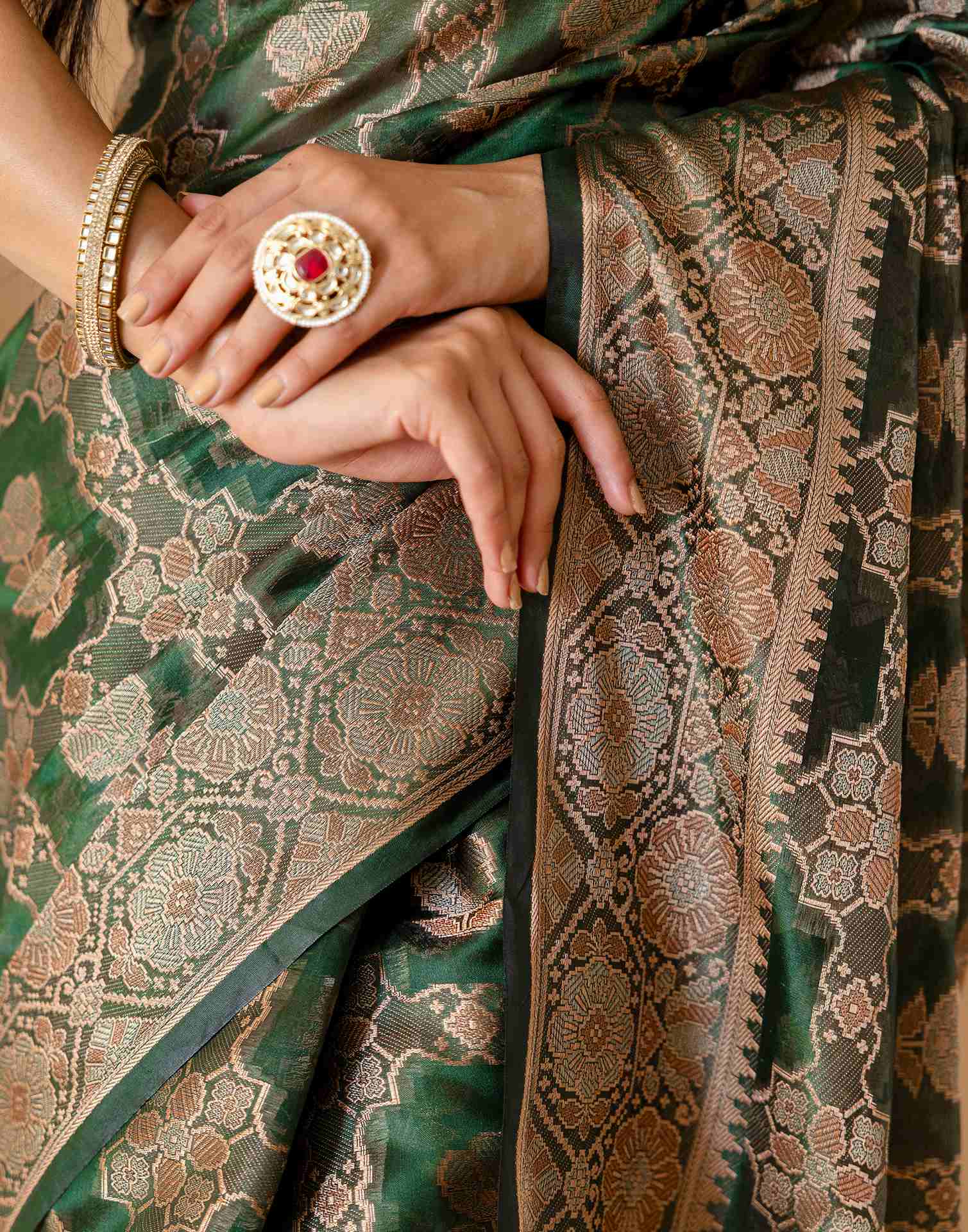Dark Green Chanderi Woven Banarasi Saree
