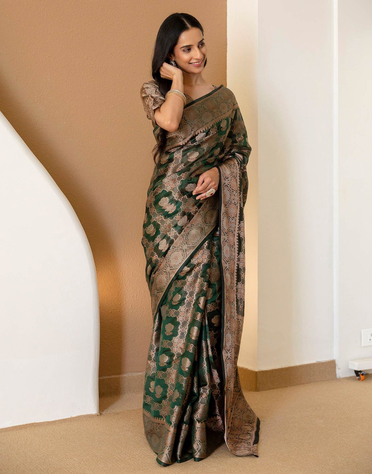 Dark Green Chanderi Woven Banarasi Saree