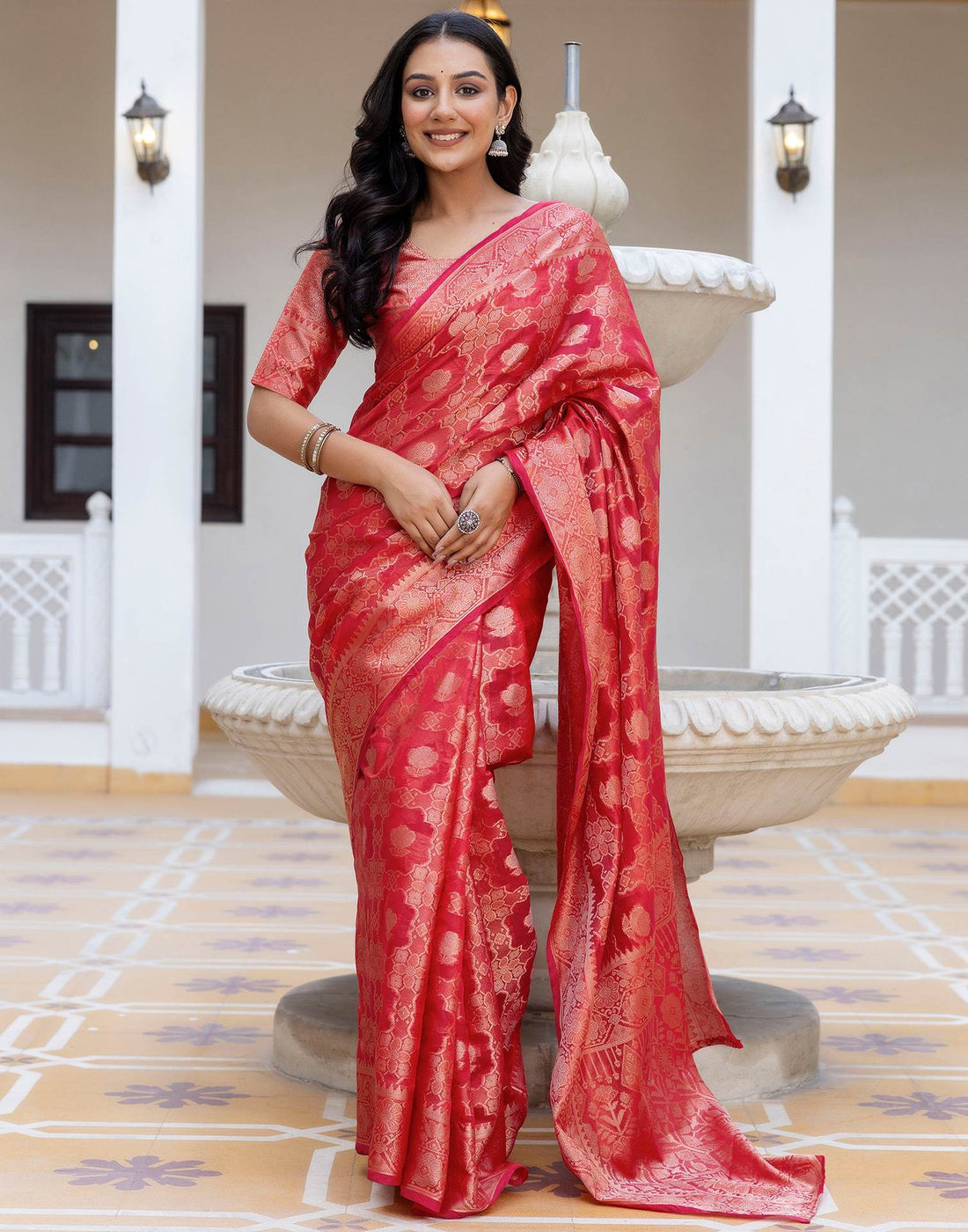 Light Red Chanderi Woven Banarasi Saree