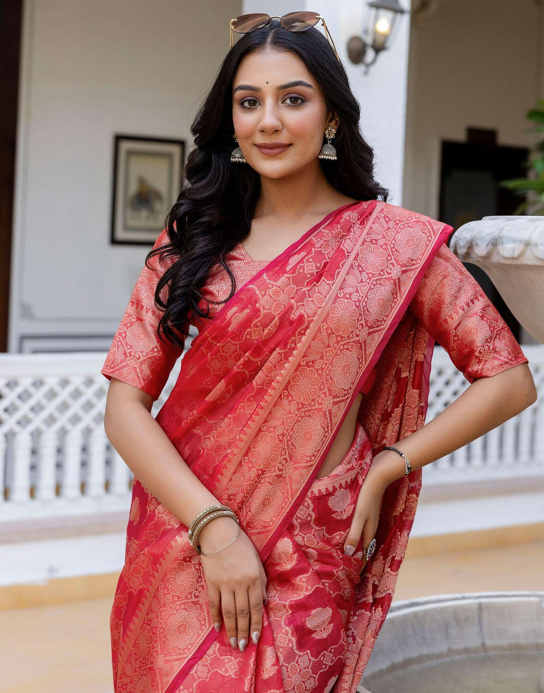 Light Red Chanderi Woven Banarasi Saree