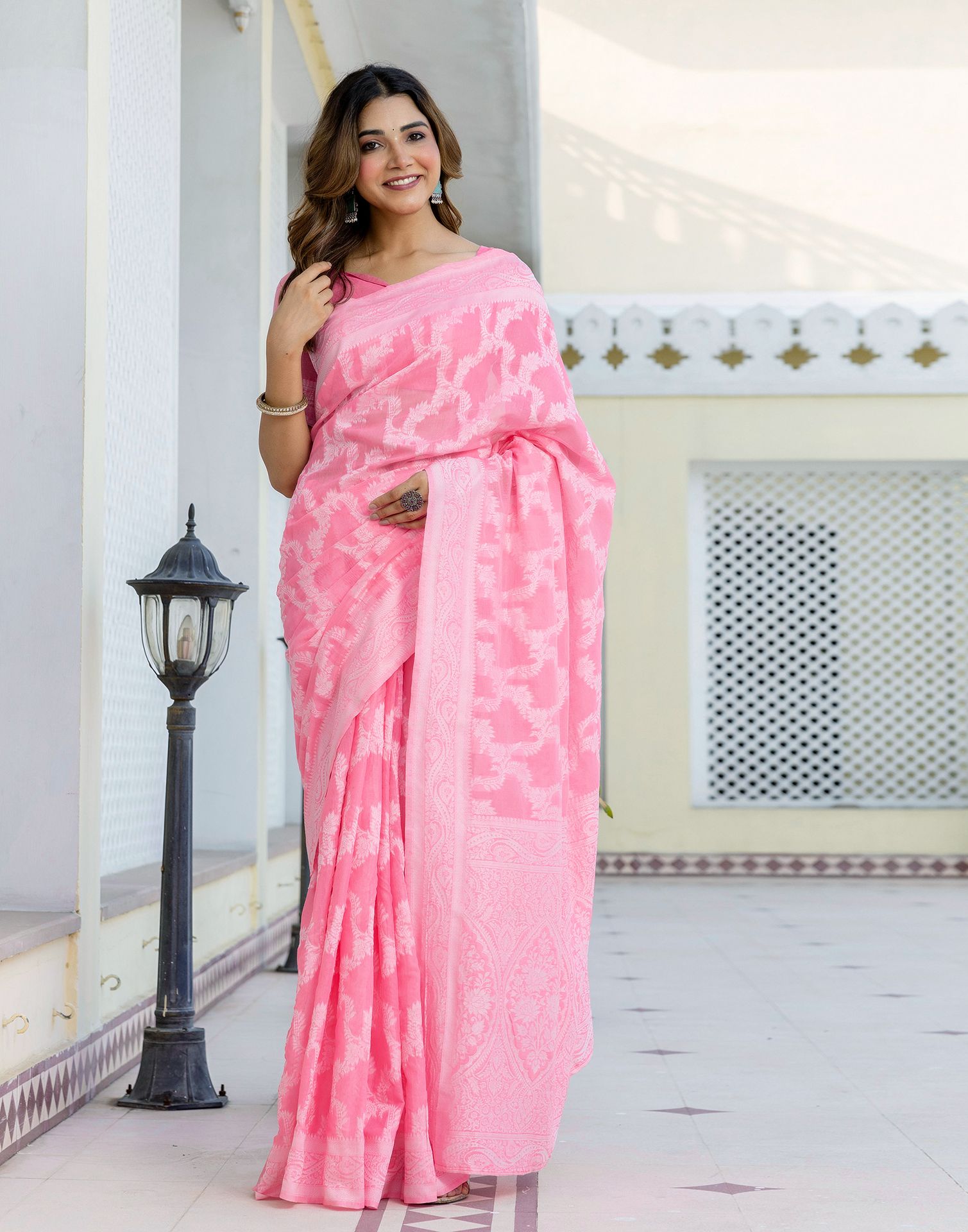 Bright Pink Cotton Woven Saree