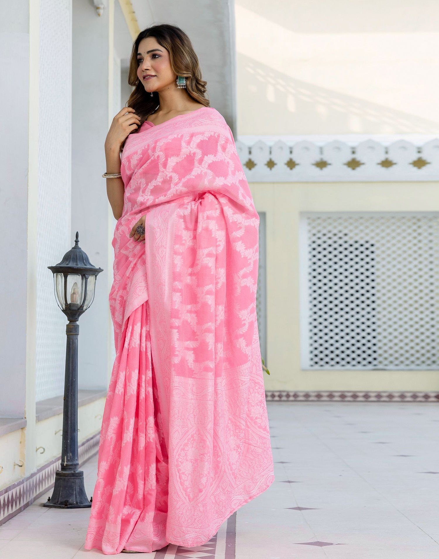 Bright Pink Cotton Woven Saree