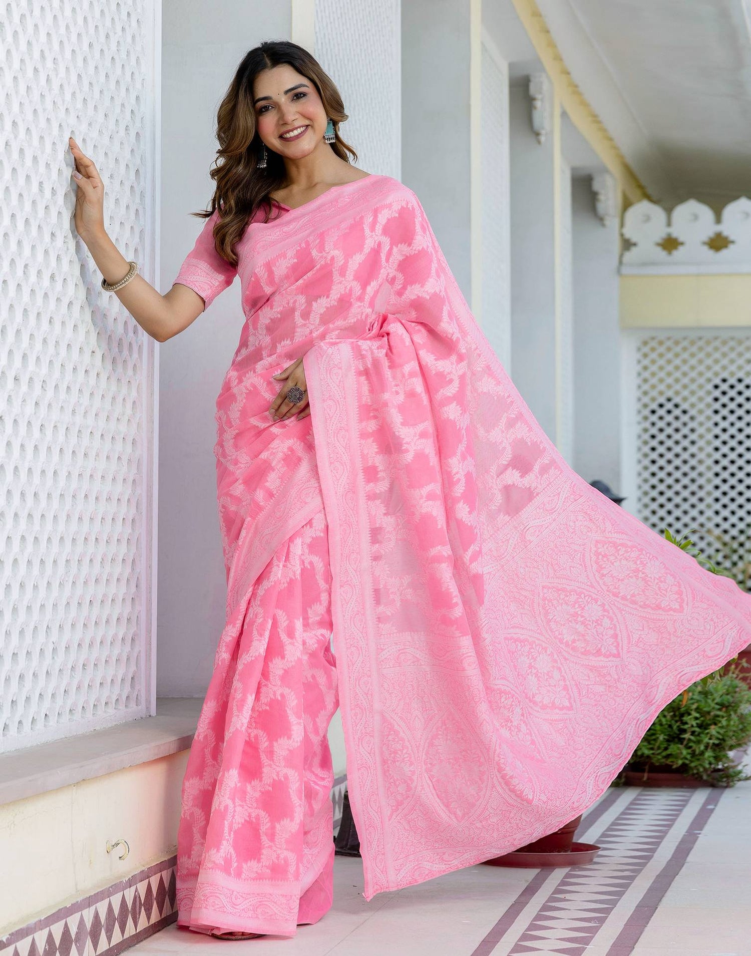 Bright Pink Cotton Woven Saree