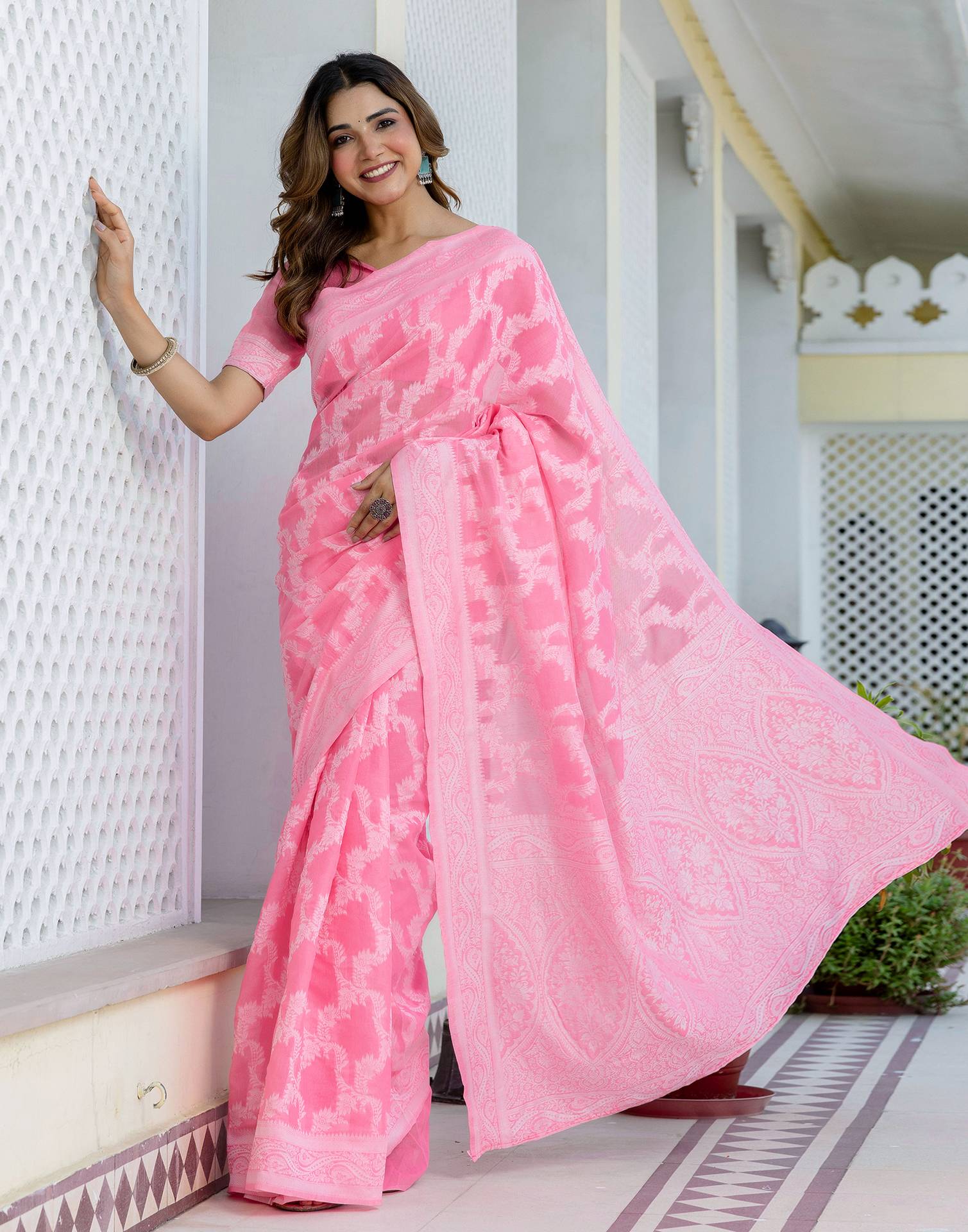 Bright Pink Cotton Woven Saree