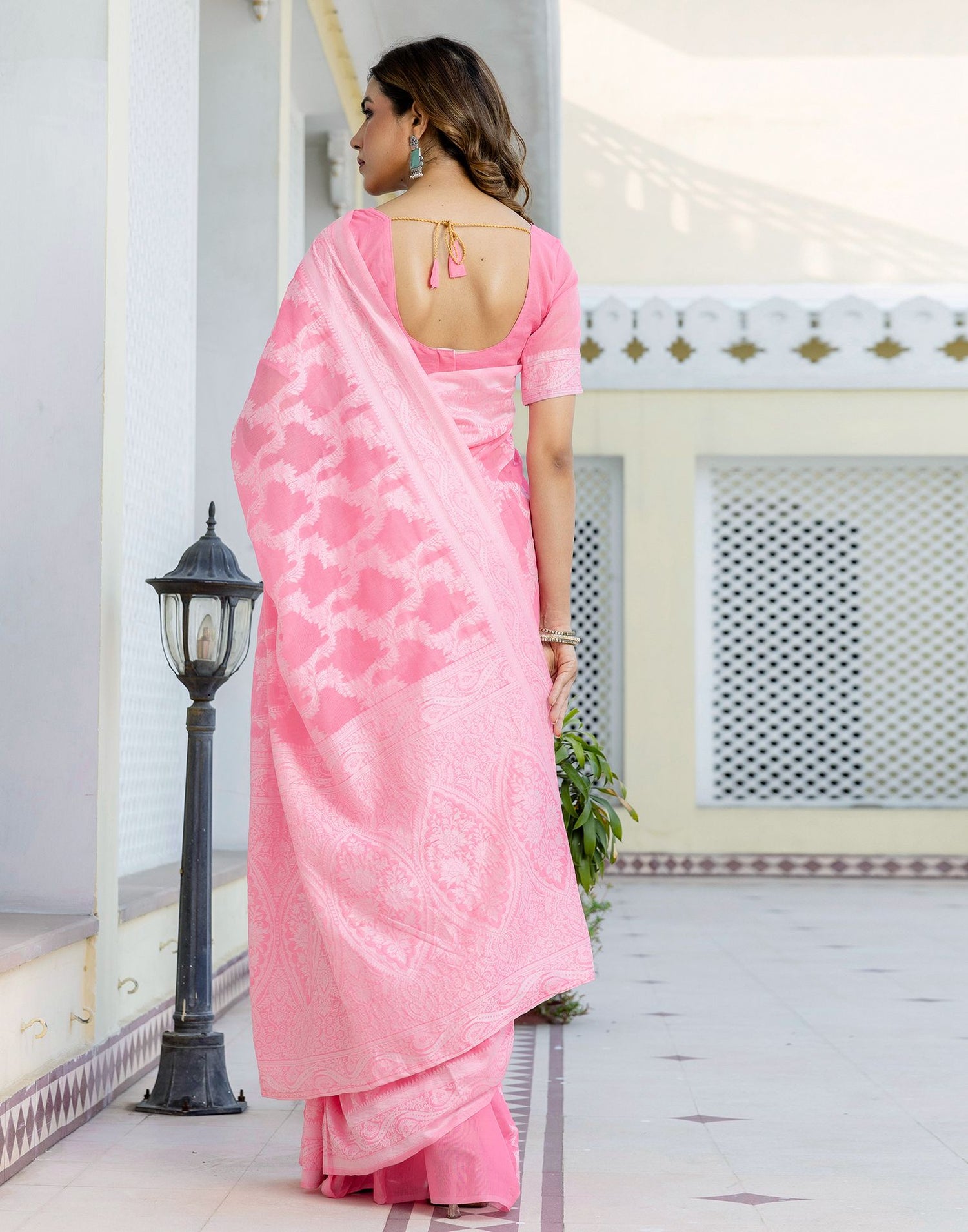 Bright Pink Cotton Woven Saree
