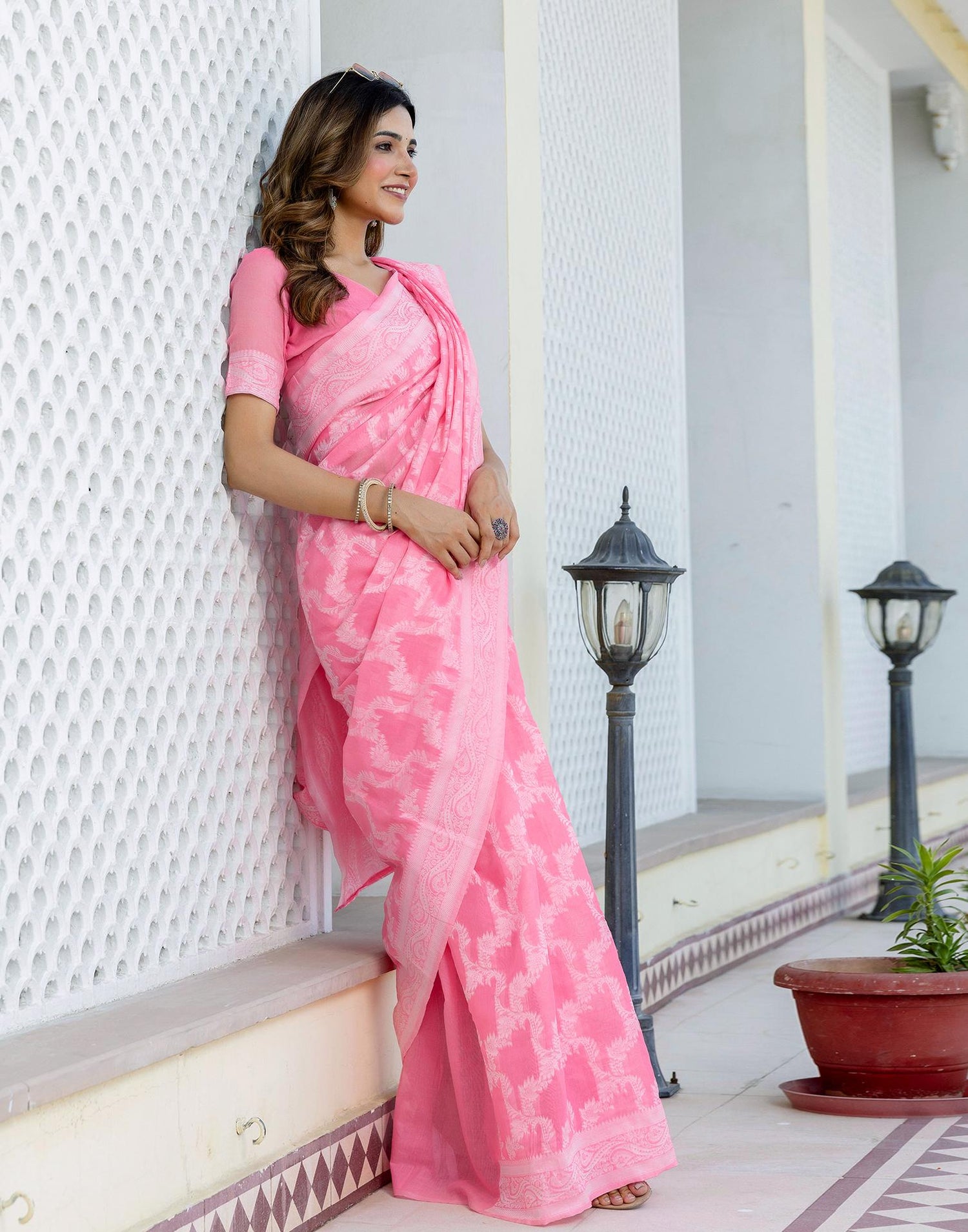 Bright Pink Cotton Woven Saree