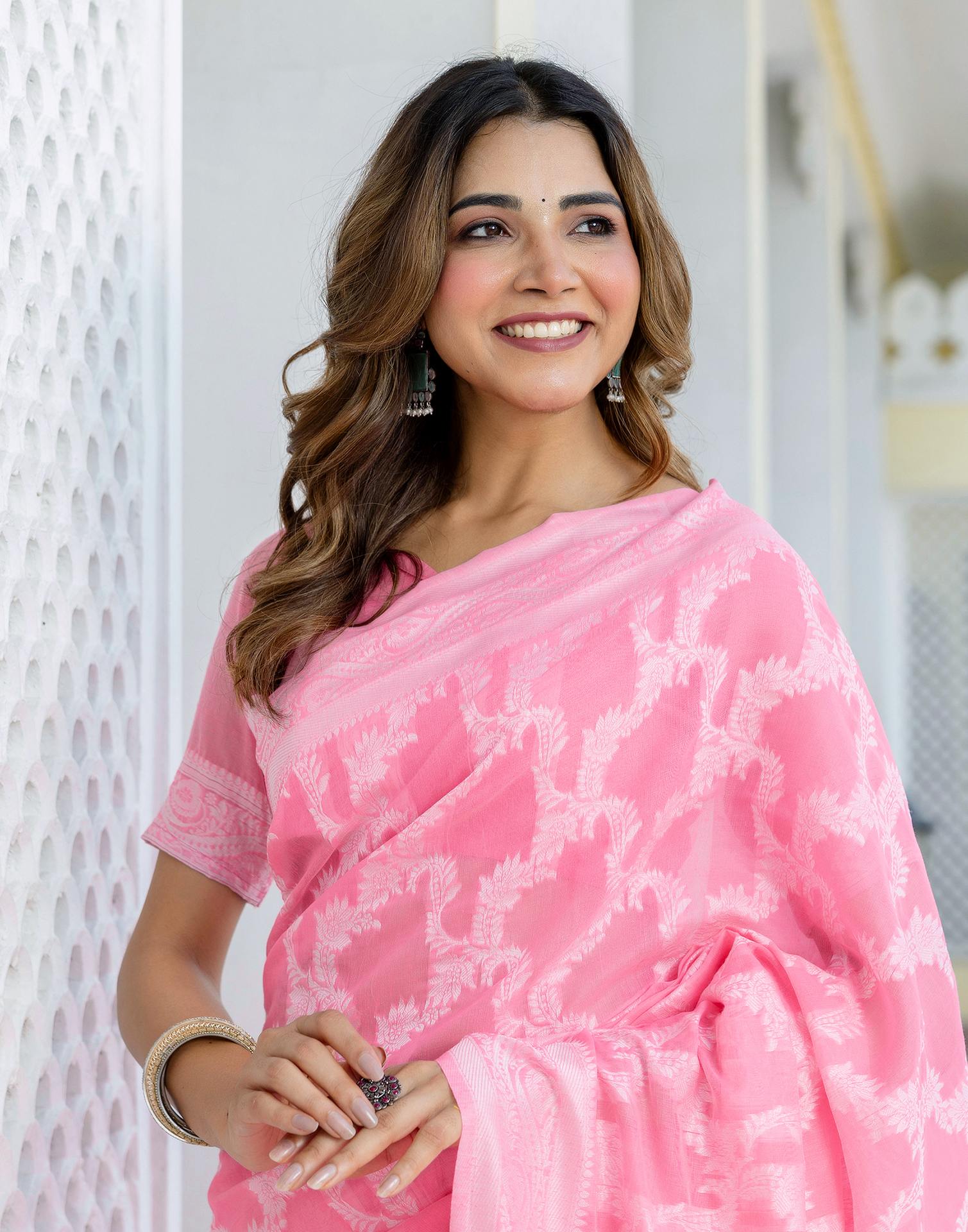 Bright Pink Cotton Woven Saree