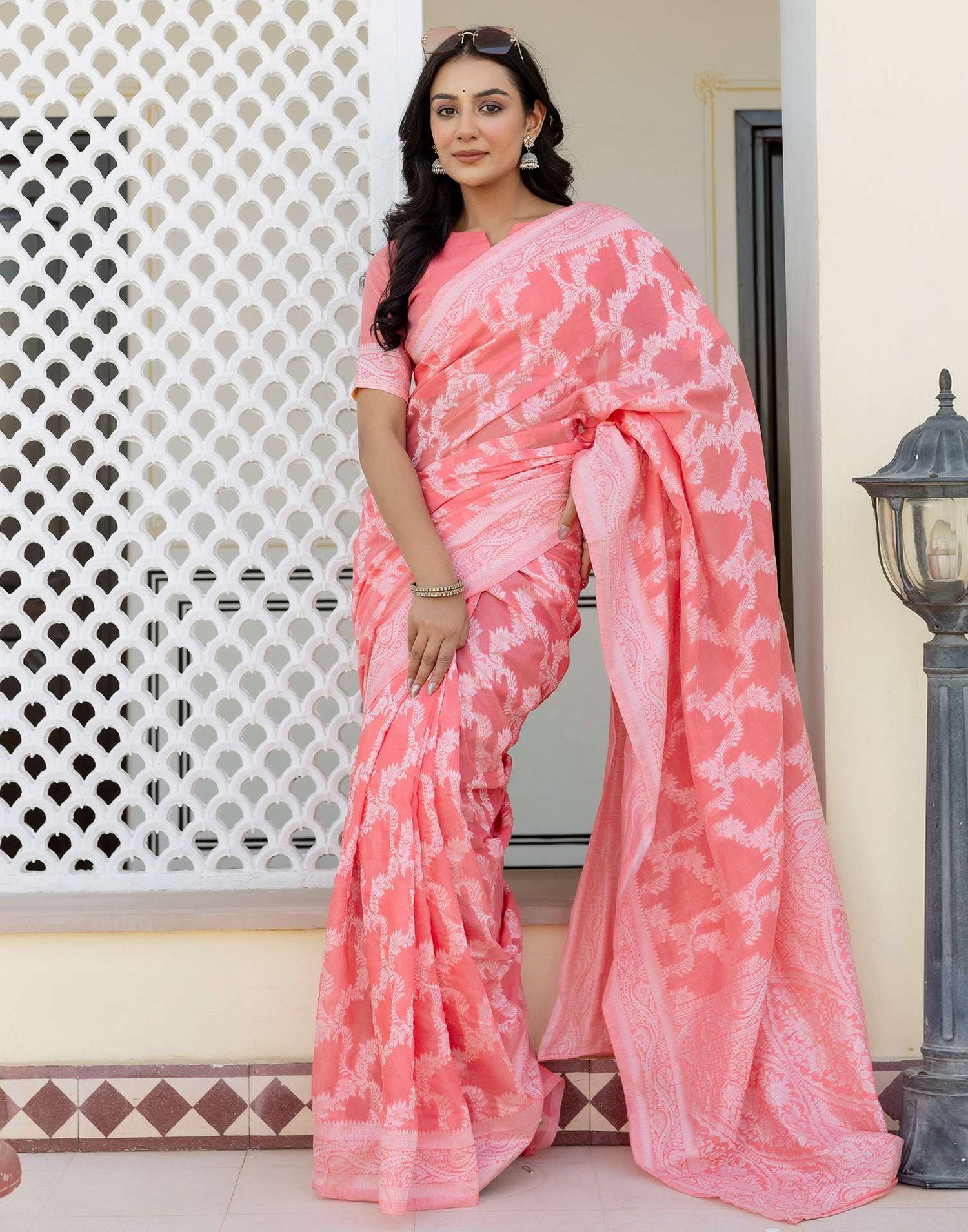 Coral Pink Cotton Woven Saree
