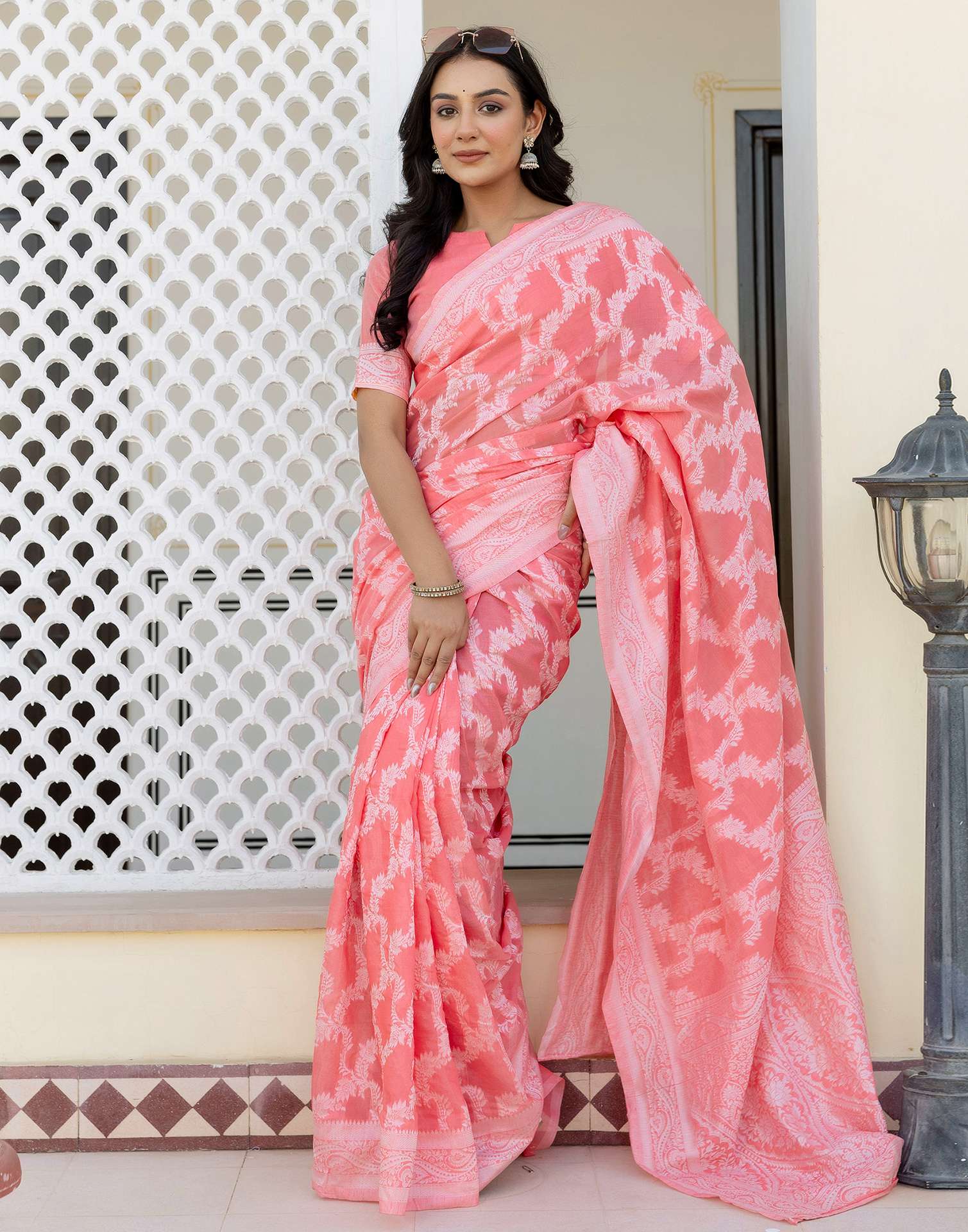 Coral Pink Cotton Woven Saree