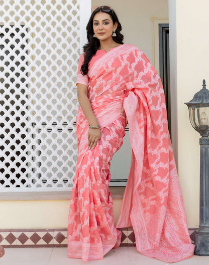 Coral Pink Cotton Woven Saree
